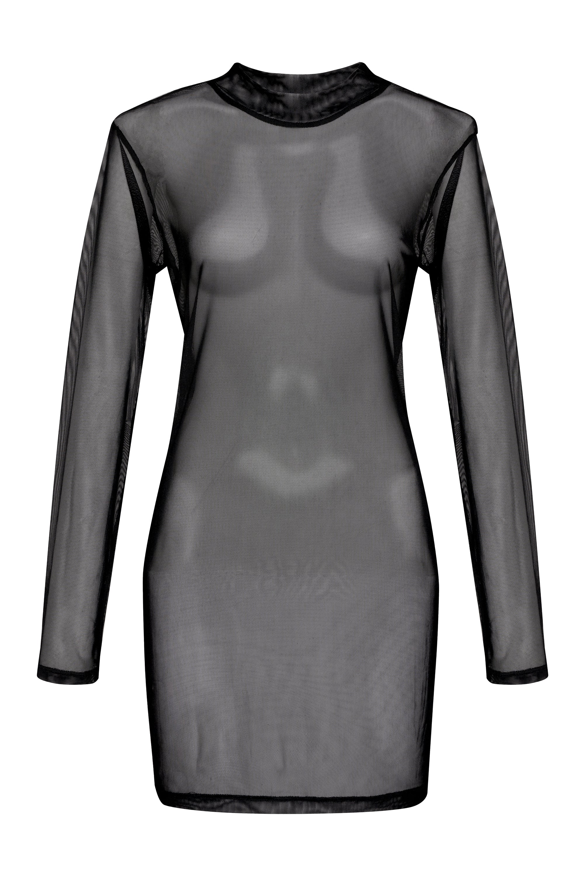 The Sanctuary Clothing "See It Through Dress Black" is a sheer, long-sleeve dress featuring a high neckline and see-through black mesh that outlines the invisible mannequin underneath. The lightweight, stretchy material creates a fitted silhouette that reaches mid-thigh length.