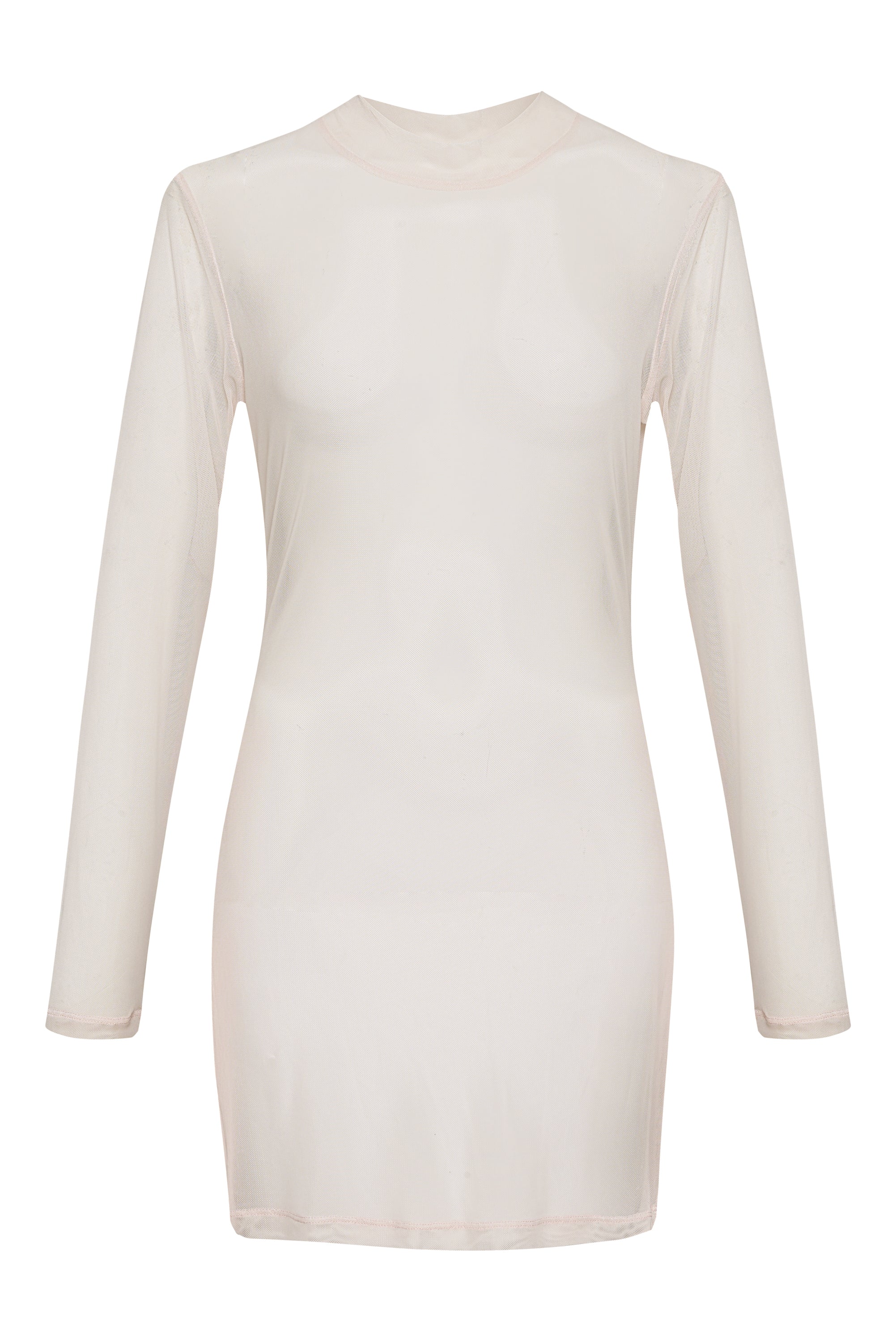 The "See It Through Dress White Sand" by Sanctuary Clothing is a sheer, long-sleeve, knee-length dress crafted from translucent nude fabric. Featuring a round neckline, its minimalist design emanates simplicity and elegance, while the light and airy material lends it a delicate and ethereal appearance.