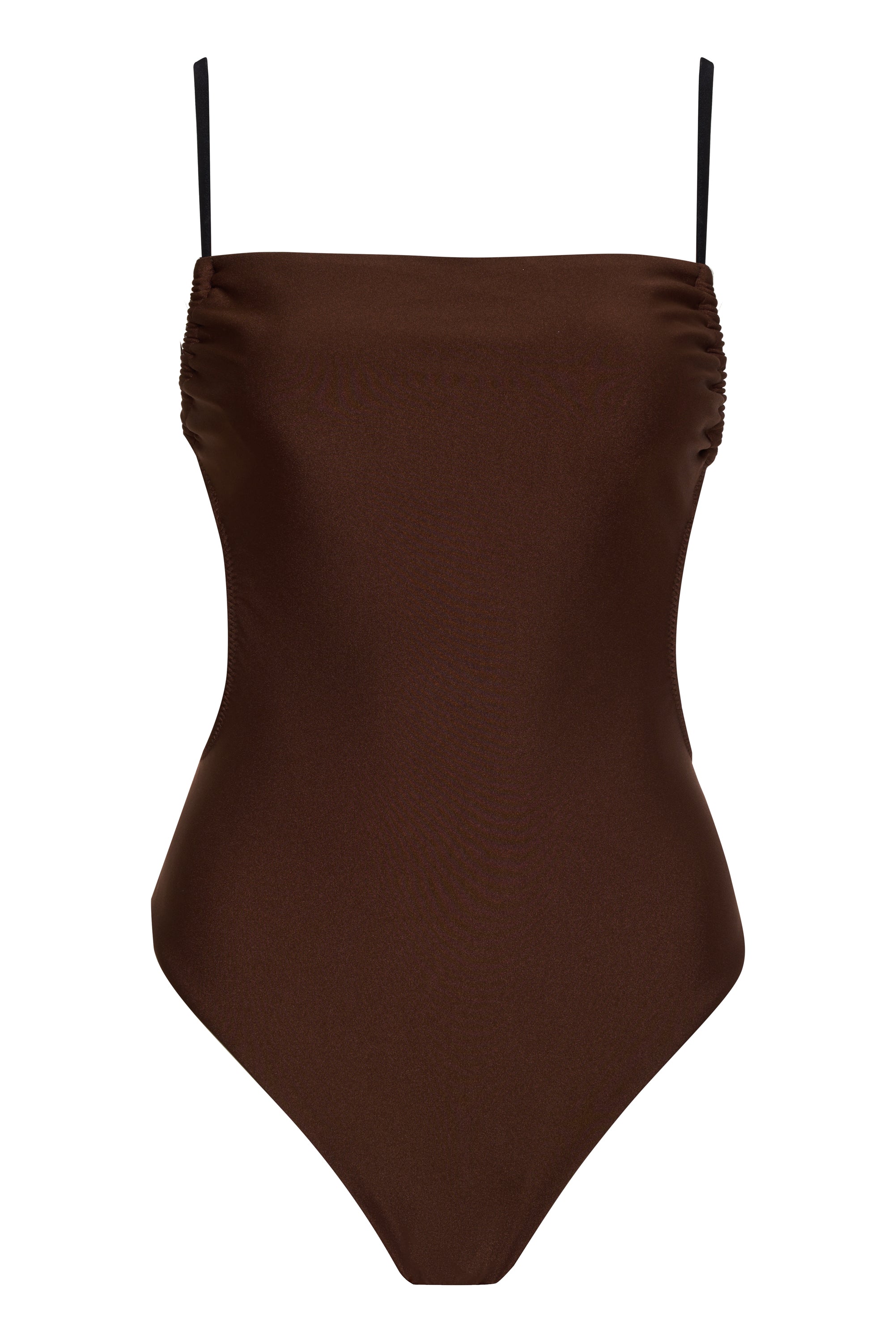 The Sanctuary Clothing Straight Neck Tie Mio Bikini Top in Black Chocolate is a sleek, dark brown one-piece swimsuit with thin black shoulder straps. It boasts a clean, simple design with slight ruching on the sides of the bodice, and features smooth, form-fitting material.