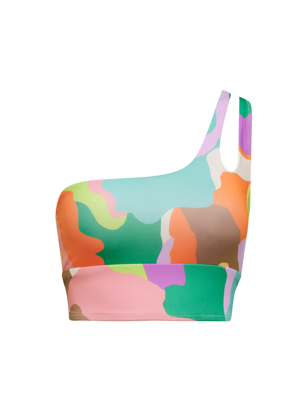 The Daytripper One Shoulder Bikini Top Multi by Sanctuary Clothing features a vibrant abstract pattern in shades of orange, green, pink, tan, and white. Its colorful and asymmetrical one-shoulder design adds a bold and stylish touch to this activewear piece.