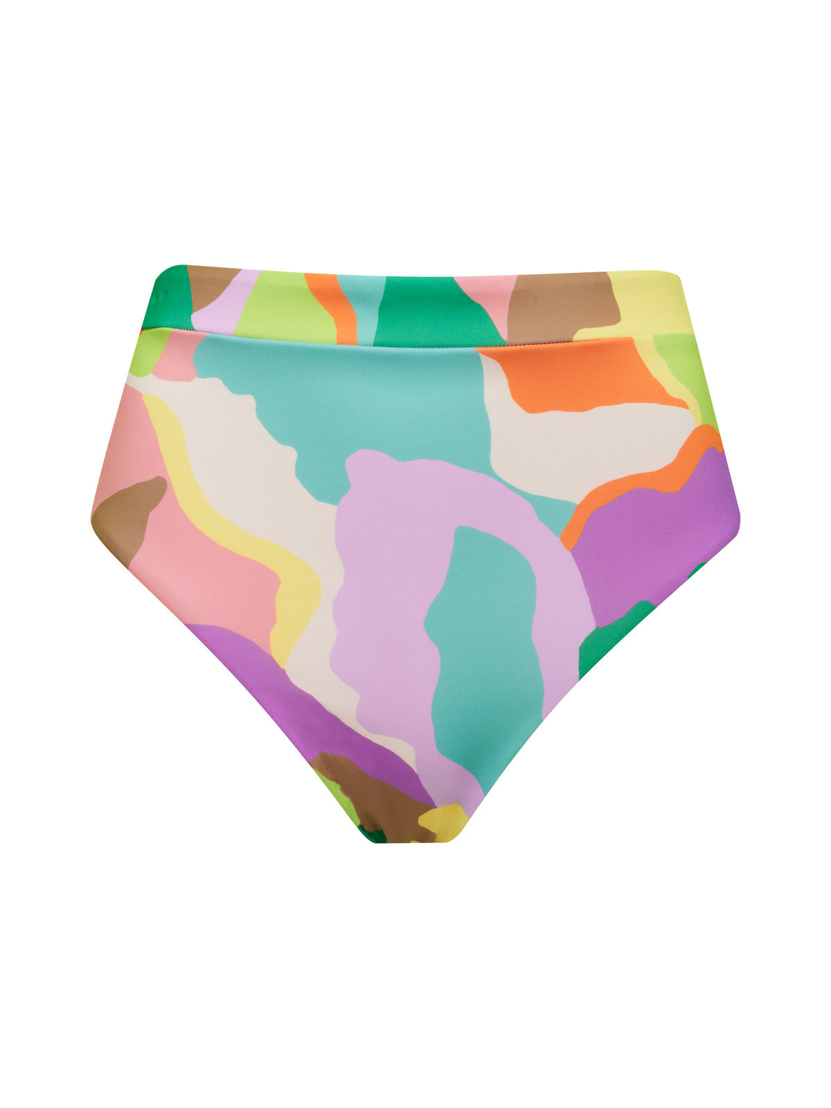 The Daytripper High Rise Bikini Bottom Multi by Sanctuary Clothing features a vibrant, eye-catching abstract pattern with shades of pink, green, yellow, brown, and purple.