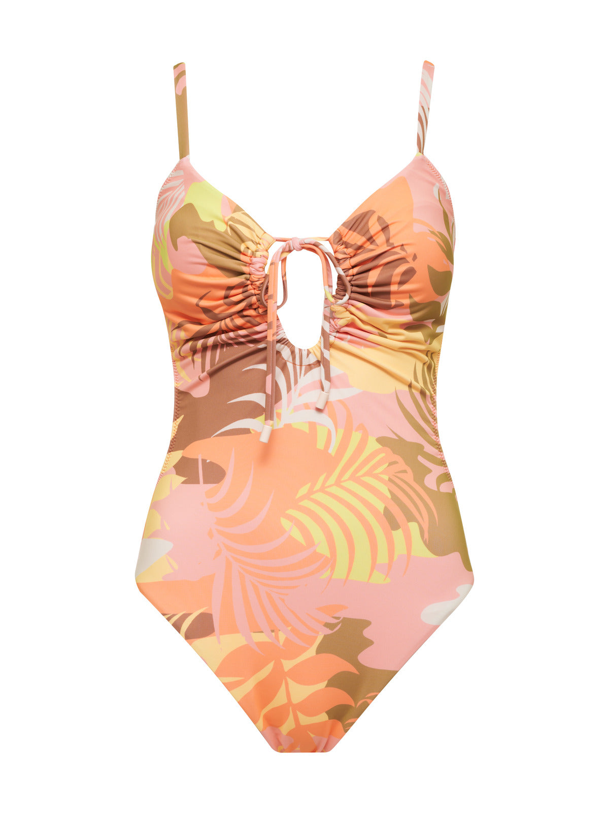 The Camo Palms Scoop Neck Monokini Multi by Sanctuary Clothing is a one-piece swimsuit with thin shoulder straps, showcasing a vibrant tropical leaf pattern in shades of pink, orange, yellow, and brown. This monokini features a gathered front with a circular cutout detail below the bust.