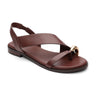 The "Suave Toe Ring Sandal Java" by Sanctuary Clothing is a brown leather sandal featuring a flat sole, cross-strap design, decorative gold-tone ring on the toe strap, and a supportive slingback strap.