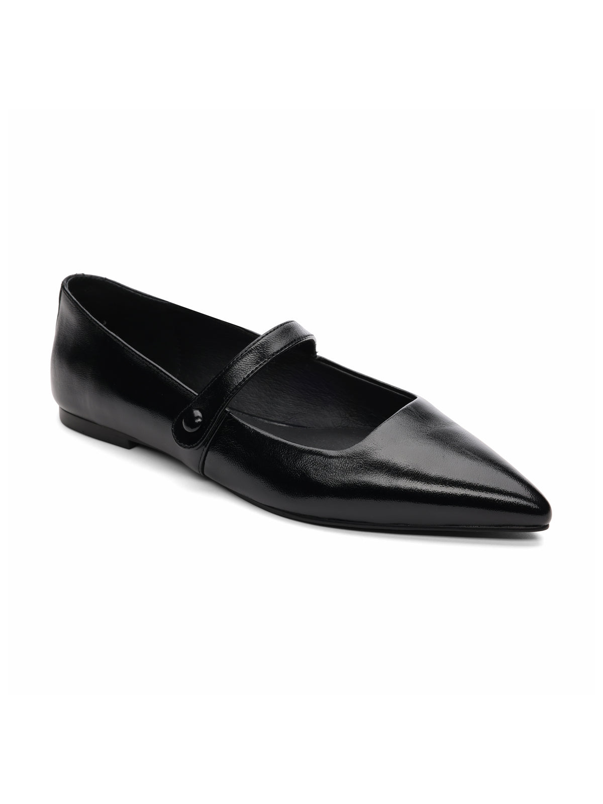 A single Clamour Ballet Flat Black shoe by Sanctuary Clothing, featuring a sleek design with a pointed toe and a thin strap across the top, fastened with a side button. The shoe boasts a smooth, polished finish and has a flat sole.