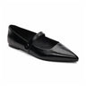 A single Clamour Ballet Flat Black shoe by Sanctuary Clothing, featuring a sleek design with a pointed toe and a thin strap across the top, fastened with a side button. The shoe boasts a smooth, polished finish and has a flat sole.