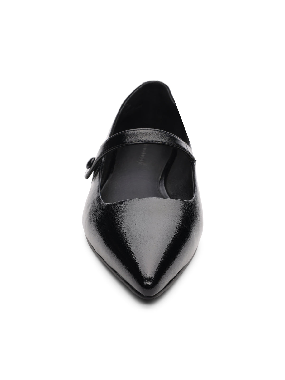 Front view of the Clamour Ballet Flat Black by Sanctuary Clothing, a sleek and minimalist black pointed-toe flat shoe with a single strap across the top. Featuring a glossy finish, this elegant design is suitable for both formal and casual wear.