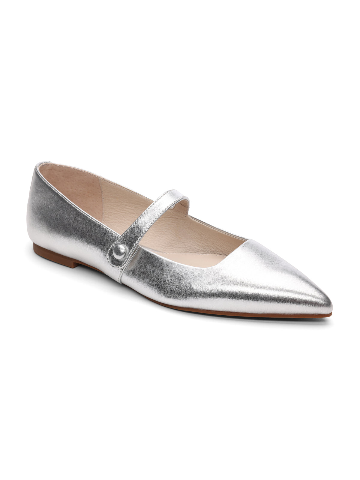 The Clamour Ballet Flat in White Gold by Sanctuary Clothing features a sleek, shiny finish with a single strap across the top, secured by a button on the side. This single silver flat shoe has a pointed toe, beige interior, and light brown sole.