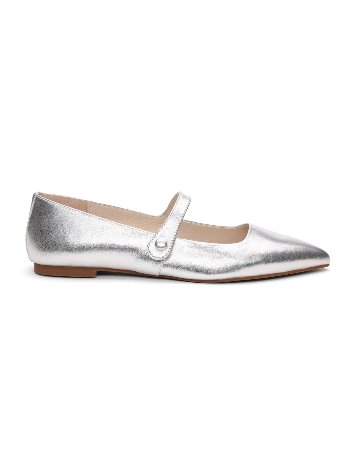 A single white gold Clamour Ballet Flat by Sanctuary Clothing, featuring a pointed toe and a thin strap secured by a small round button. The shoe boasts a smooth, metallic finish and is completed with a low, light brown sole.