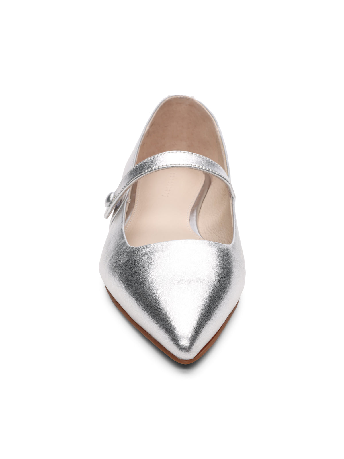 The Clamour Ballet Flat White Gold from Sanctuary Clothing is a single flat shoe in a metallic silver hue with a pointed toe and an ankle strap featuring a shiny buckle. The shoe has a thin sole, and the strap runs diagonally across the top, all set against a plain white background.