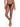 A person stands with one leg slightly crossed in front of the other, modeling the Sanctuary Clothing Double Trouble V Hipster Bikini Bottom in black. The skin tone is medium-dark, and the individual's torso is not visible. The background is white, and the person is barefoot.