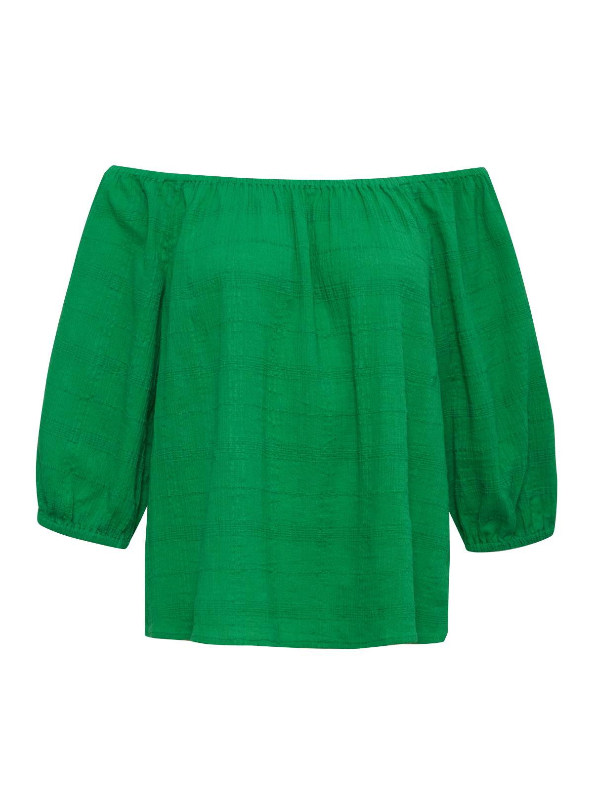 The Beach To Bar Blouse Green Goddess by Sanctuary Clothing is a vibrant green off-the-shoulder top featuring a loose fit and long, billowy sleeves. The lightweight fabric showcases a subtle texture, adding an extra layer of detail to the garment. An elasticated neckline creates gentle gathers along the top edge for a sophisticated finish.