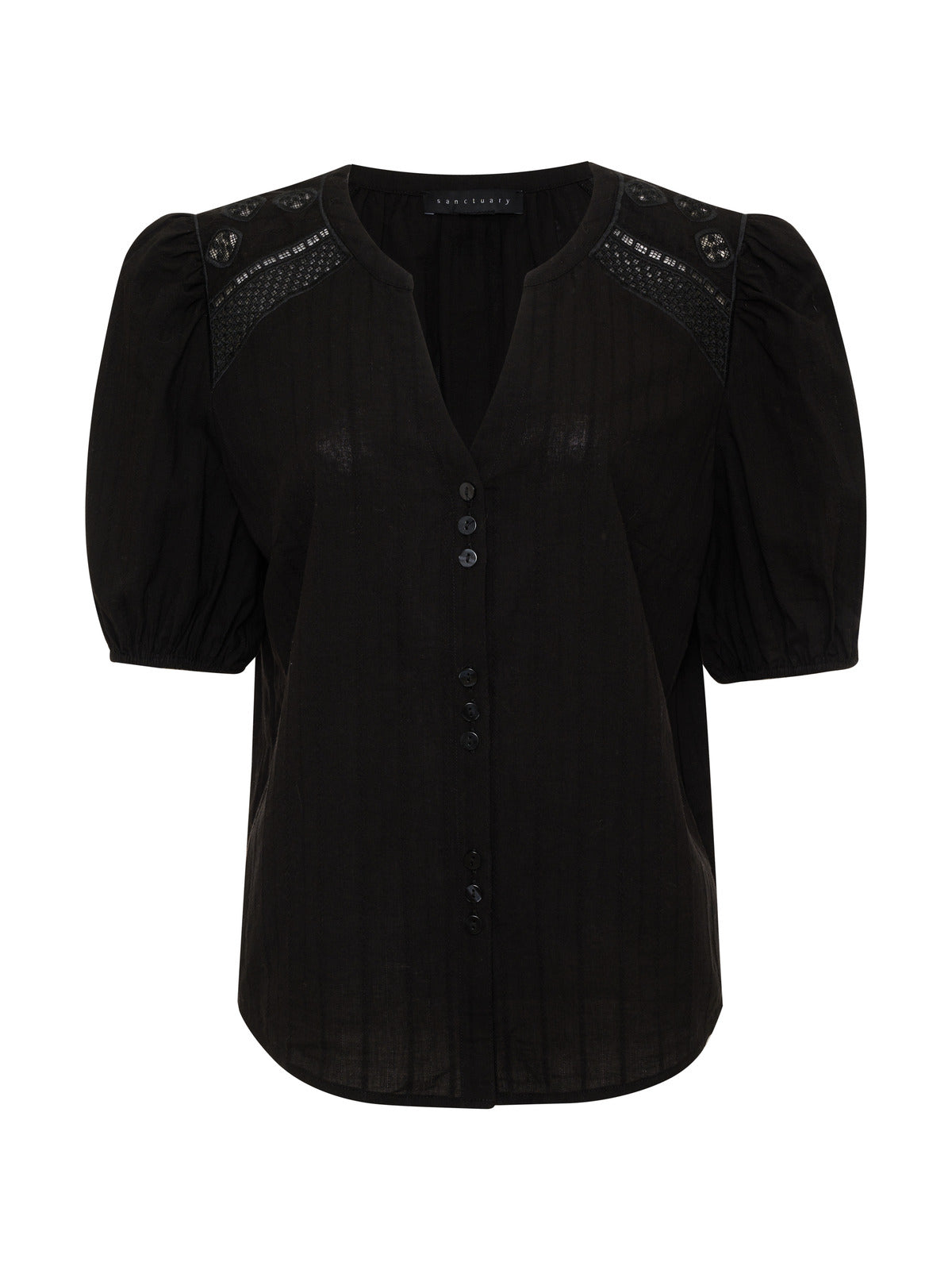 The Lift Me Up Blouse Black by Sanctuary Clothing features a v-neckline, short puffed sleeves, and a button-down front. Decorative stitching and button details adorn the shoulders, enhancing its stylish appearance.