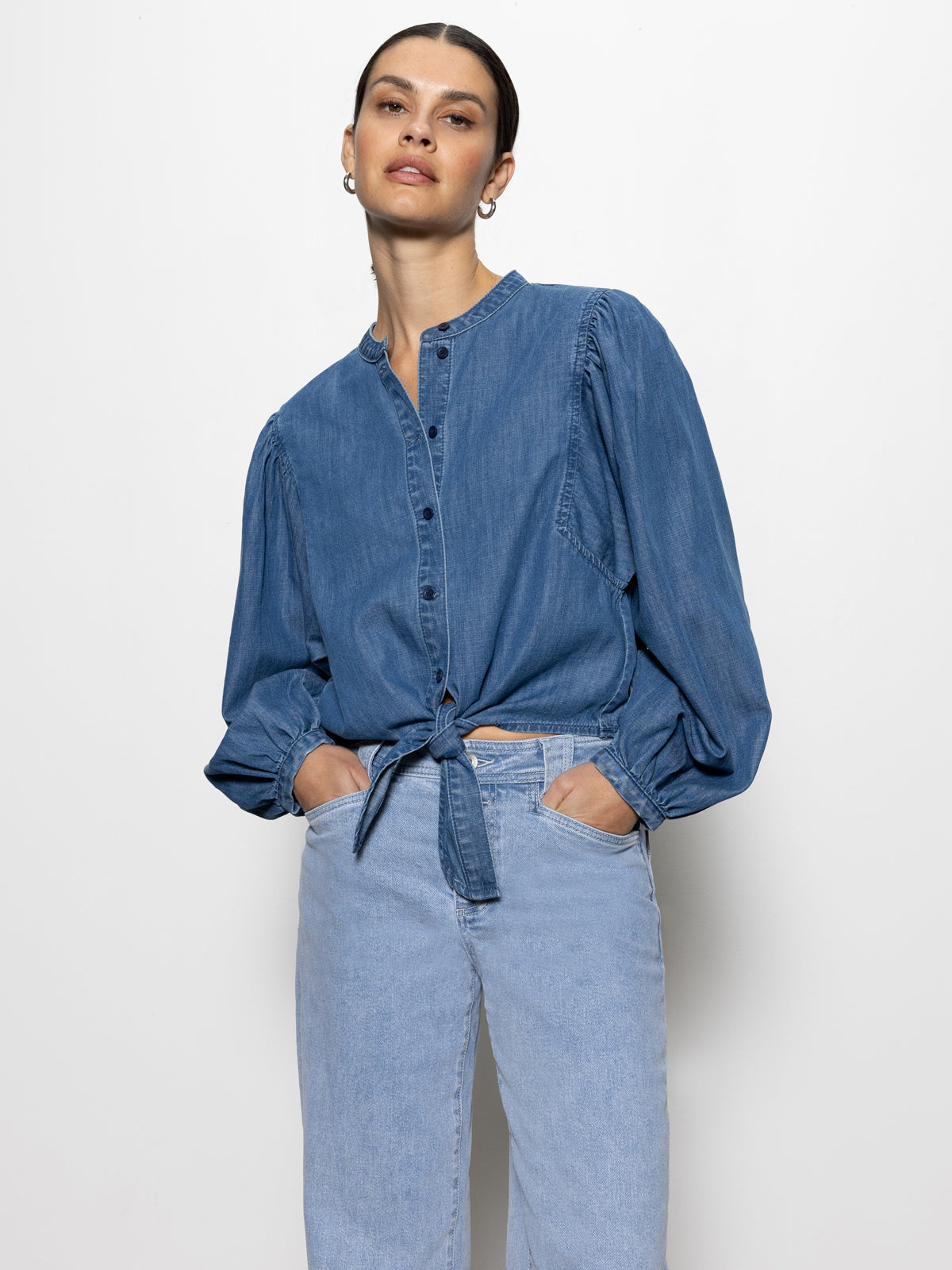 Tie Front Volume Blouse Blue Slate