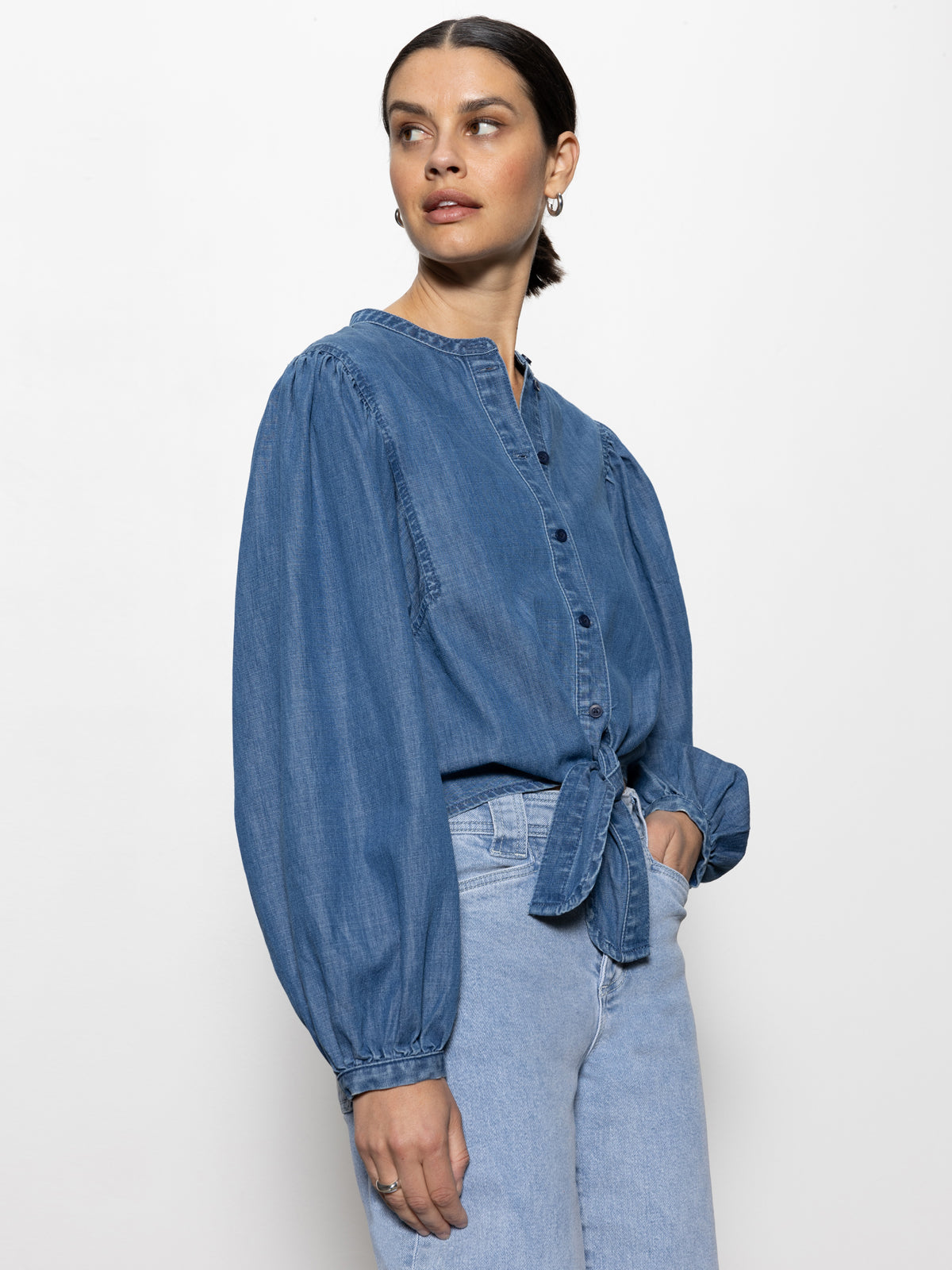 Tie Front Volume Blouse Blue Slate