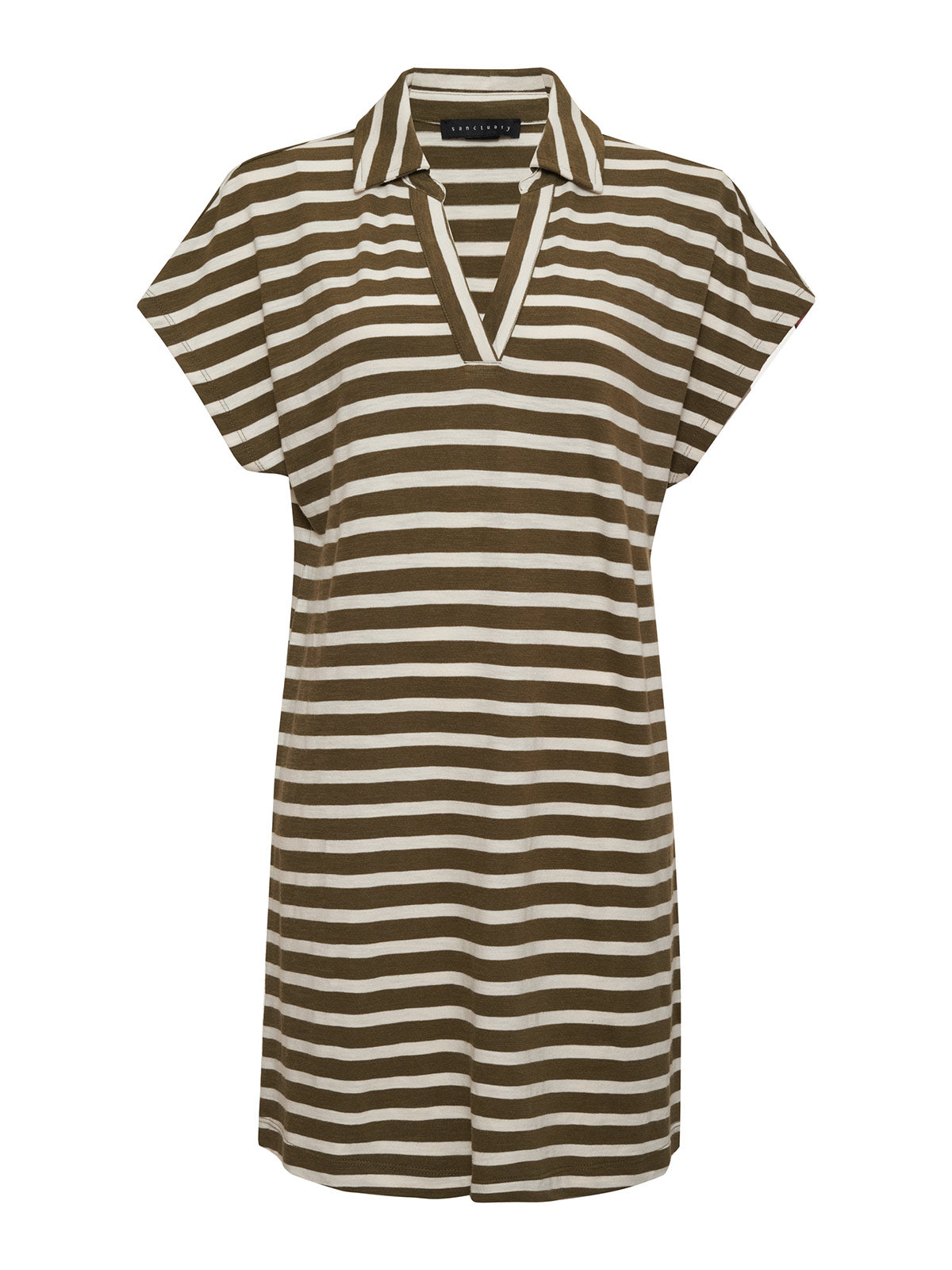 The Johnny Collar Tshirt Dress from Sanctuary Clothing features short sleeves, a knee-length cut, and light ecru and olive horizontal stripes. The dress also includes a V-neck with a collar.