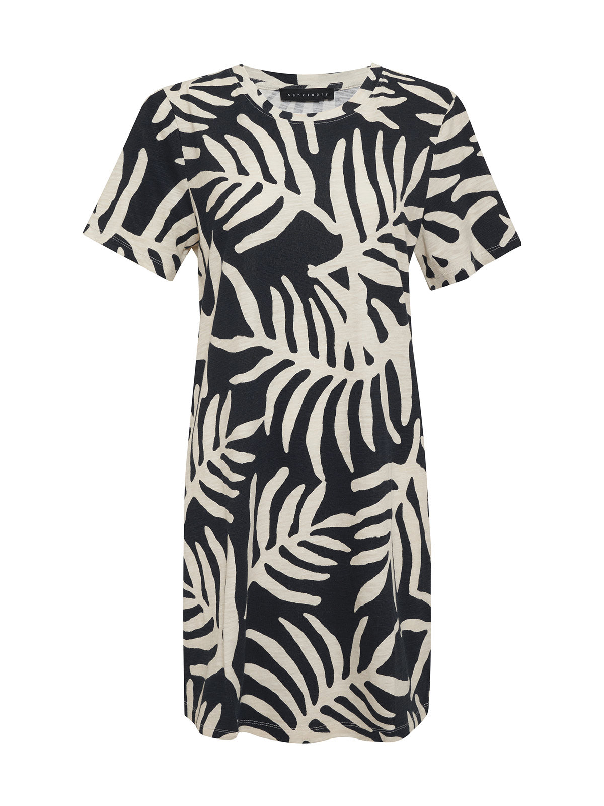 Introducing The Only One T Shirt Dress Night Palm by Sanctuary Clothing. This short-sleeved dress boasts a striking black and white leaf pattern, offering a sleek, straight cut that ends just above the knee. Crafted from lightweight and comfortable material, it is perfect for casual wear.