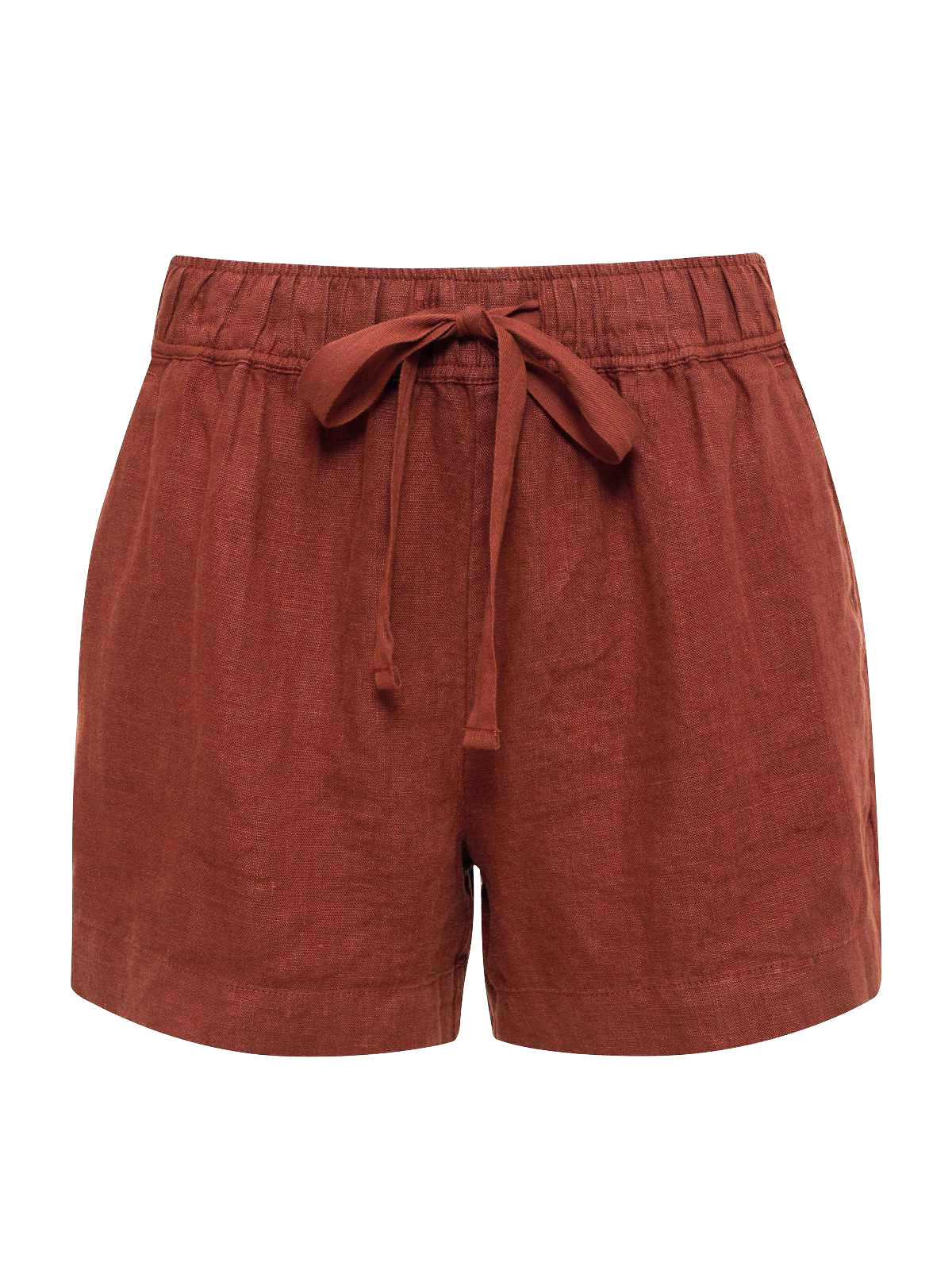 Introducing the Always Linen Short Rich Clay from Sanctuary Clothing: These high-waisted linen shorts in a rich clay hue feature an elastic waistband and a charming tied bow at the front. Designed with a relaxed fit, they also come equipped with two convenient side pockets.