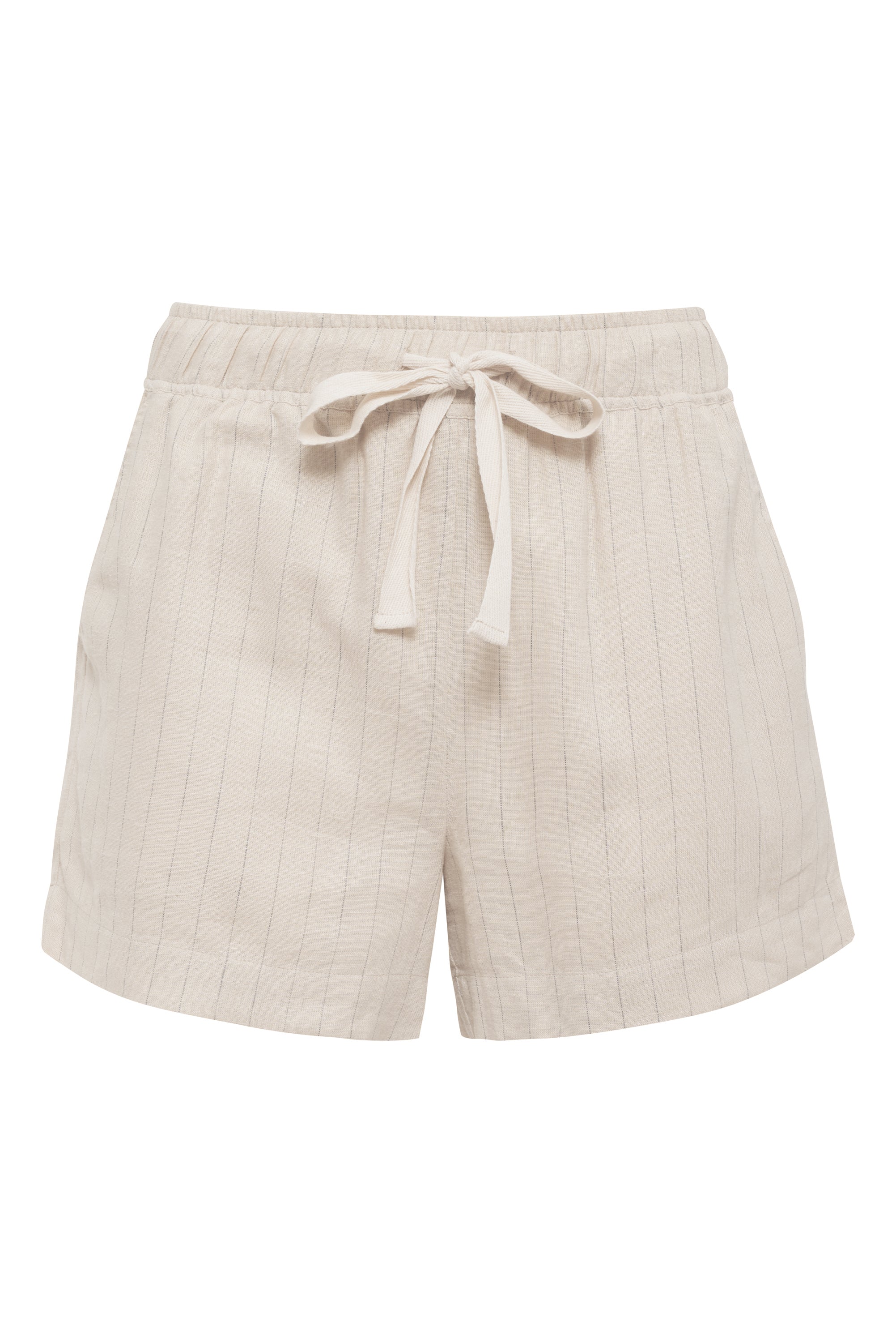 The Always Linen Short Vineyard Stripe from Sanctuary Clothing is a pair of light beige shorts featuring a subtle vertical pinstripe pattern. These shorts come with an elastic waistband and a front tie drawstring for easy adjustment. The fabric is soft and lightweight, making them perfect for casual wear.