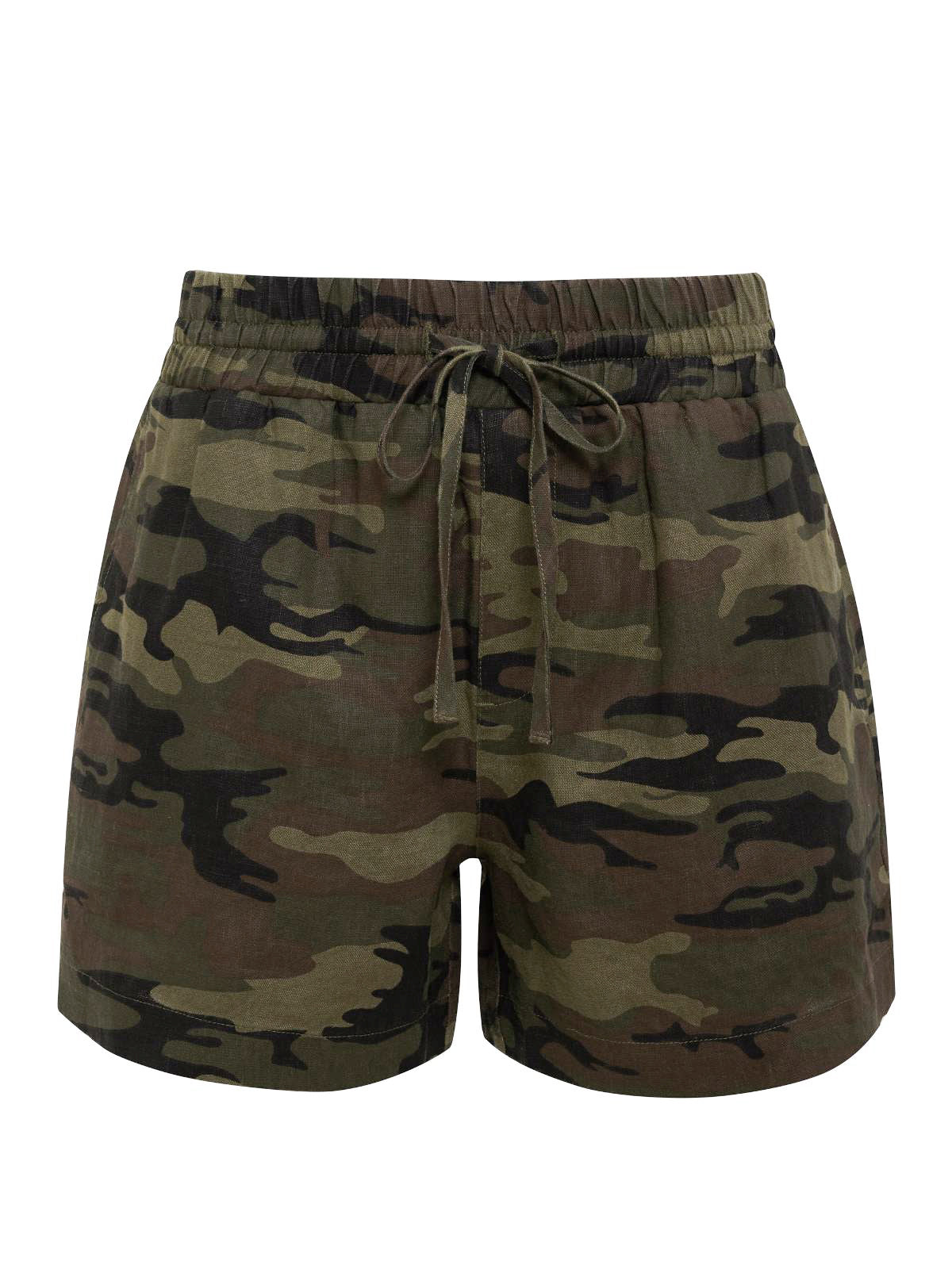 A pair of the Breezy Camo Short Little Hero Camo from Sanctuary Clothing, featuring a green and brown camouflage design with an elastic waistband and drawstring tie. The lightweight fabric makes them ideal for casual wear or outdoor activities. These shorts have a loose fit and are free from any visible branding or logos.