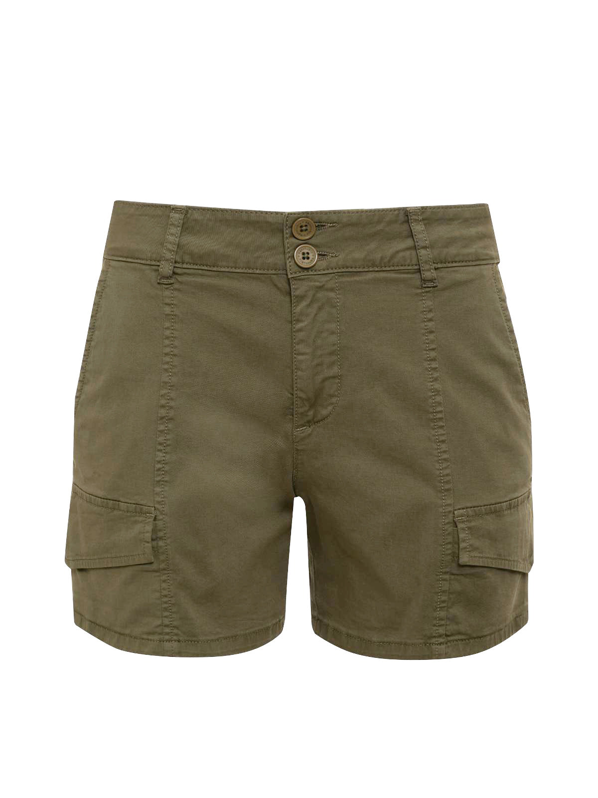 The Sanctuary Clothing Rebel Short Hiker Green features a casual, utilitarian design with two front flap pockets, a zip fly, and two brown buttons at the waistband. These olive green cargo shorts also come equipped with belt loops.