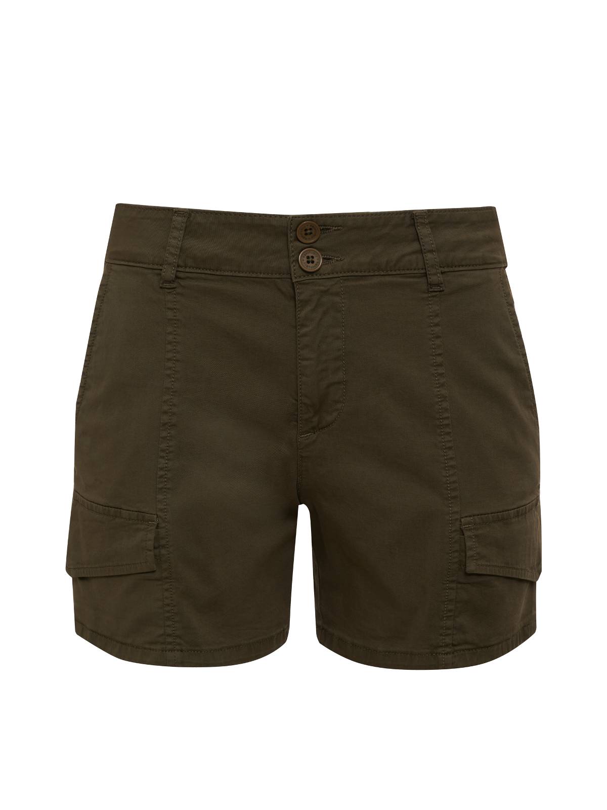 The Rebel Short Hiker Green Inclusive Collection by Sanctuary Clothing is a pair of dark green utility shorts with front pockets, a double-button closure, and a zip fly. These shorts feature stitching details and have additional flap pockets on each side, offering a casual and functional style.