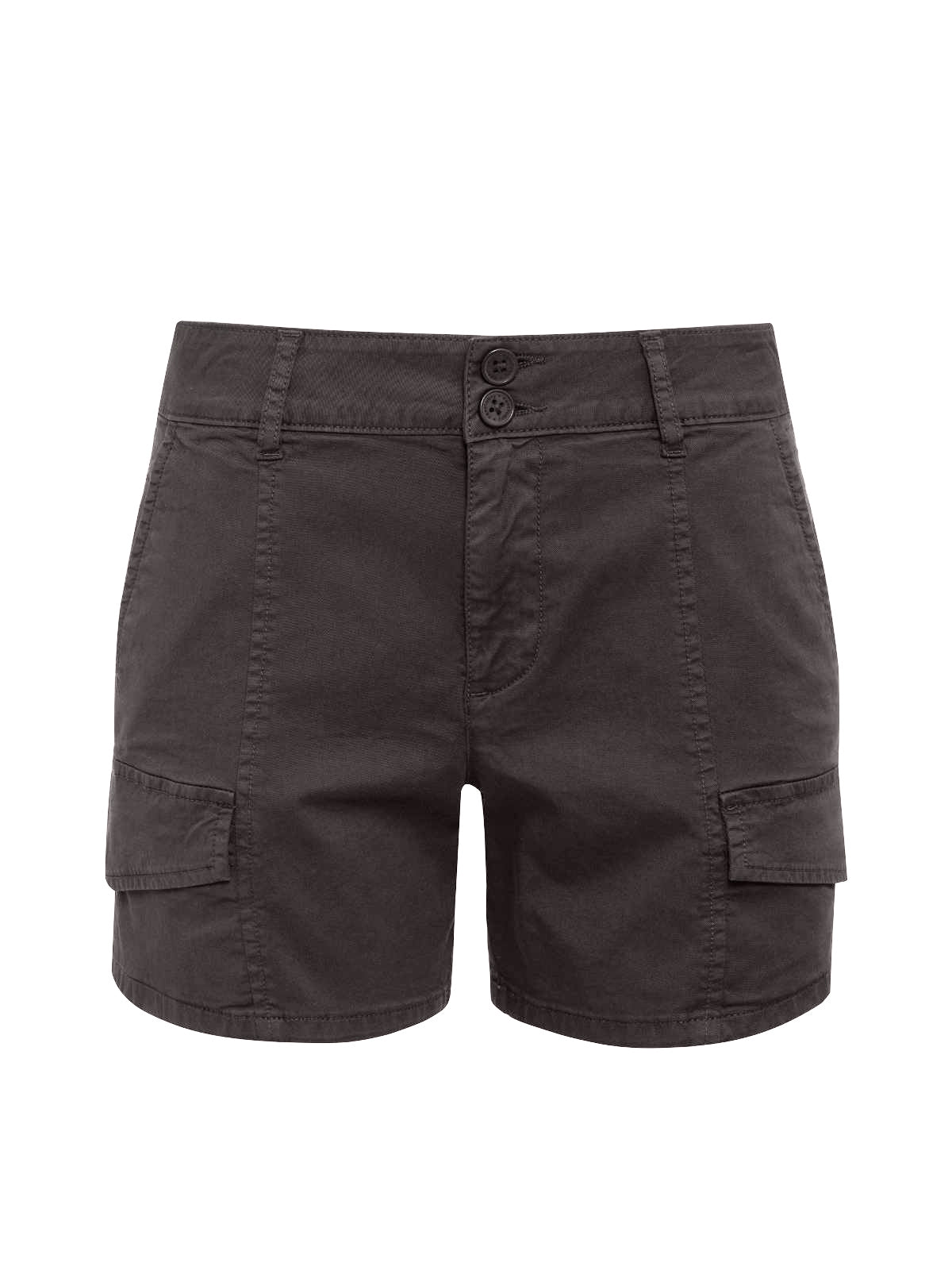 The Rebel Short Obsidian by Sanctuary Clothing is a pair of dark gray women's cargo shorts featuring two front pockets, two button closures at the waist, and two flap pockets on the sides. Made from cotton fabric, these shorts boast a casual design.