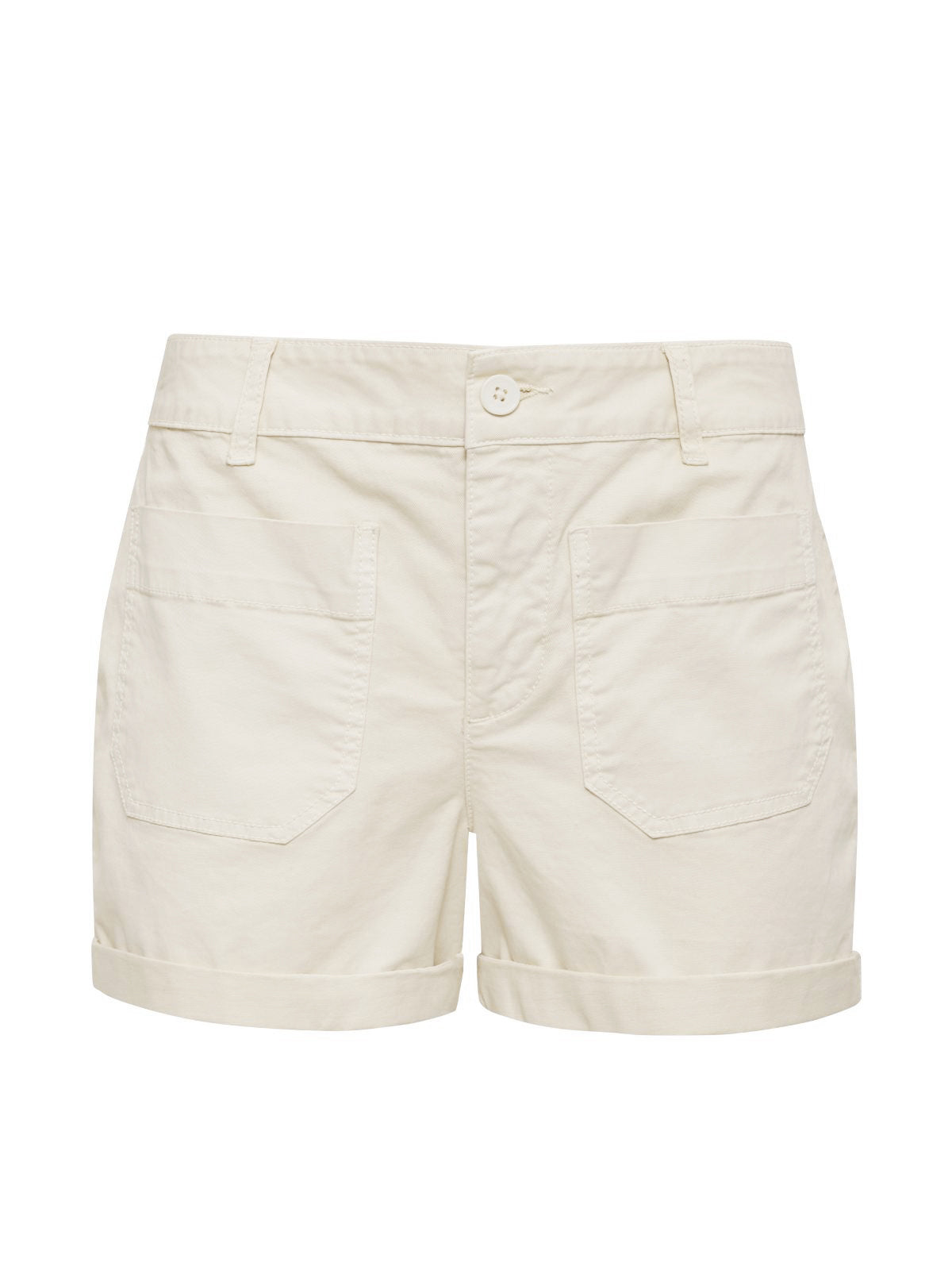 The Marine Rolled Short Birch by Sanctuary Clothing features a simple design with a button closure, front pockets, belt loops, and folded hems, making them suitable for everyday wear.