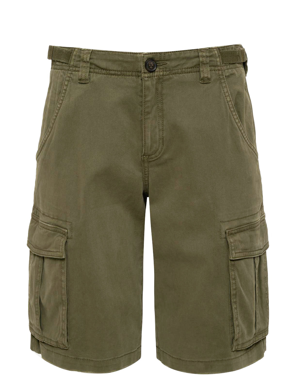 The Cargo Long Short Burnt Olive by Sanctuary Clothing features a casual, rugged appearance with multiple pockets, including side and back pockets with flaps. These olive-green cargo shorts are equipped with belt loops and a front button and zip closure.