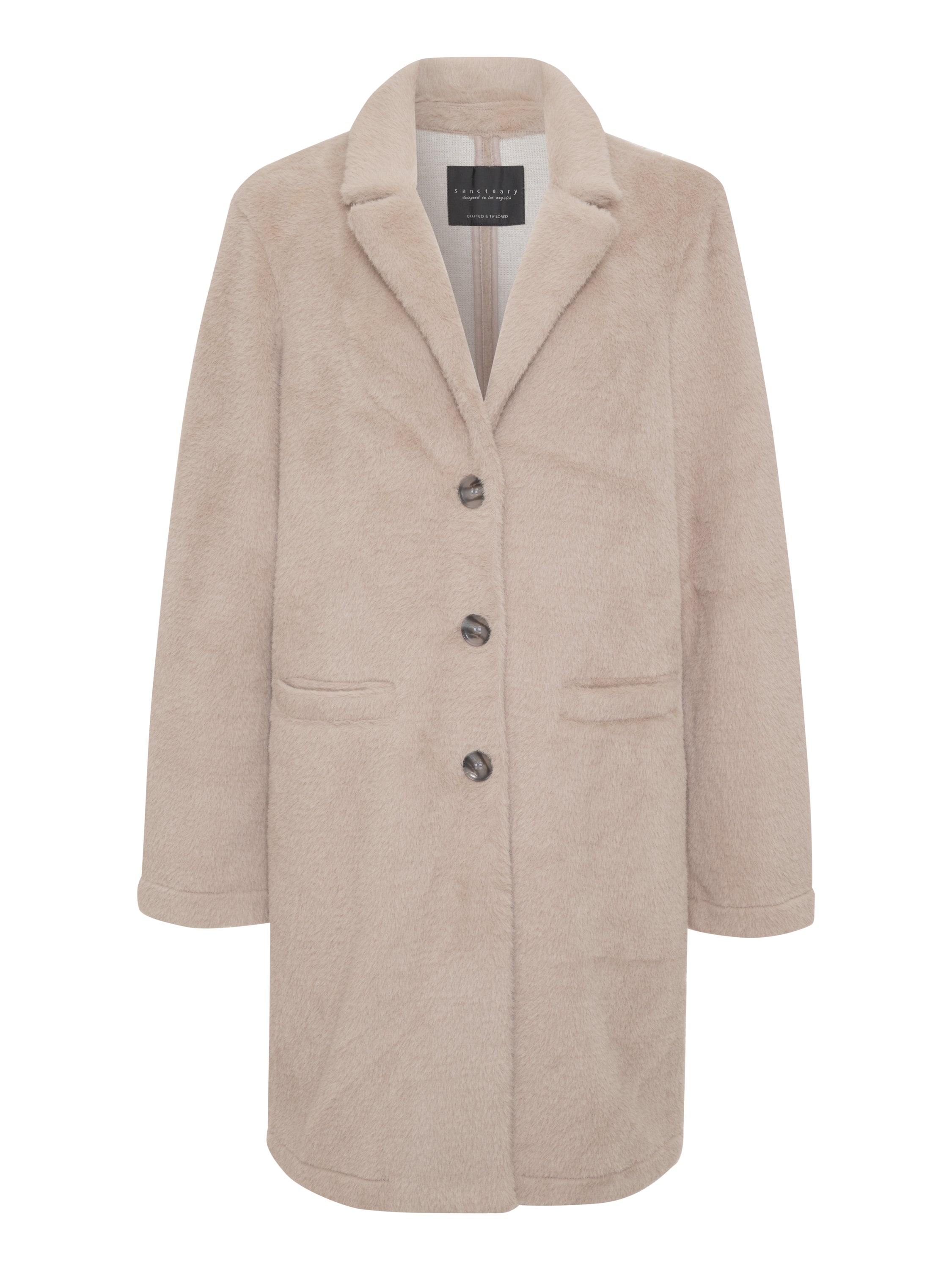 Ash grey wool coat by Sanctuary Clothing, featuring a notched lapel and three buttons down the front. It includes two side pockets and has a textured, soft appearance. The hometown jacket is displayed against a plain white background.