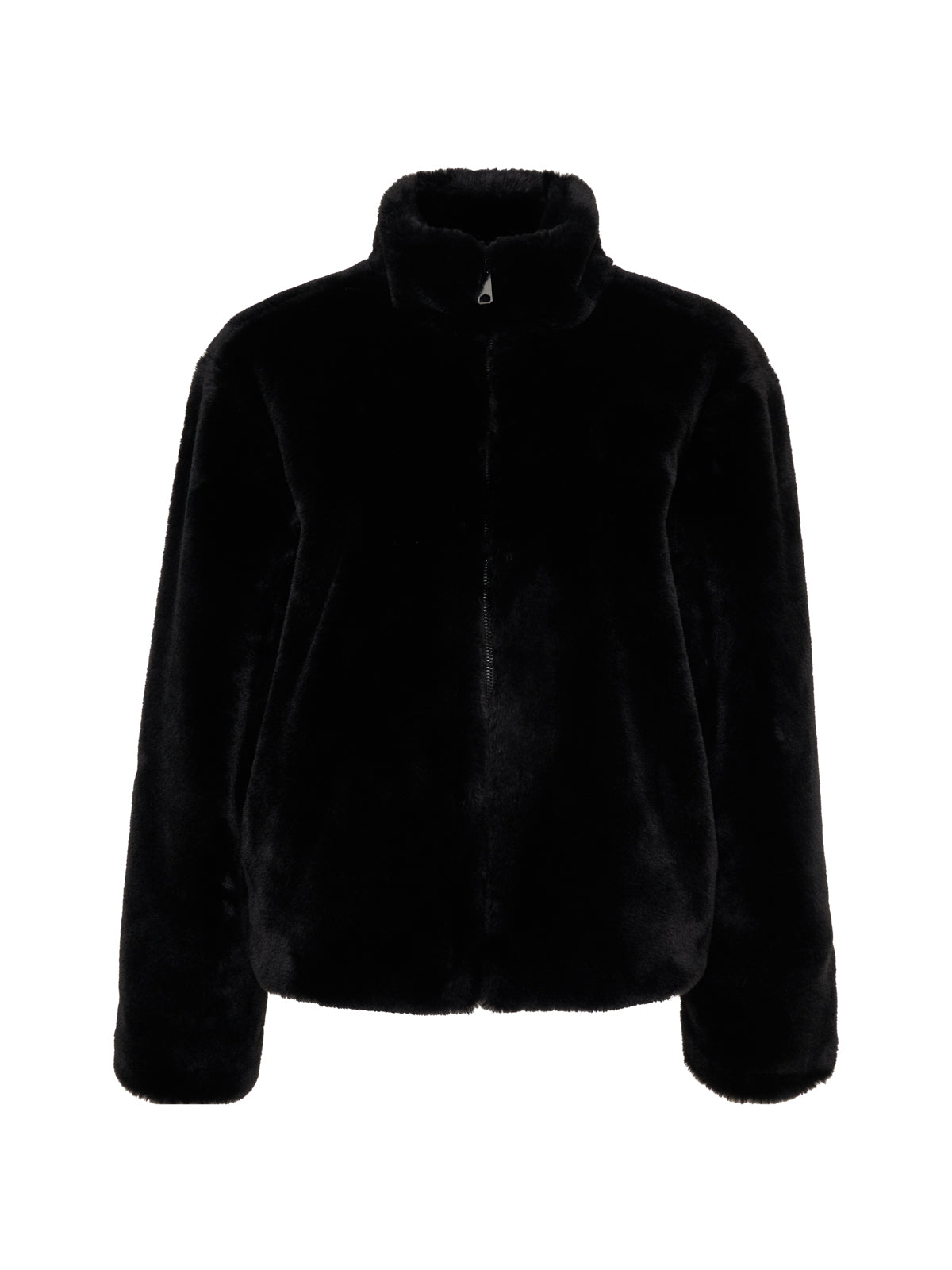 The Lux Fur Coat Black from Sanctuary Clothing is showcased against a white background. This black, long-sleeve jacket features a high collar and zip-up front, exuding a cozy and luxurious appearance. The plush and soft fur offers both warmth and style for colder weather.