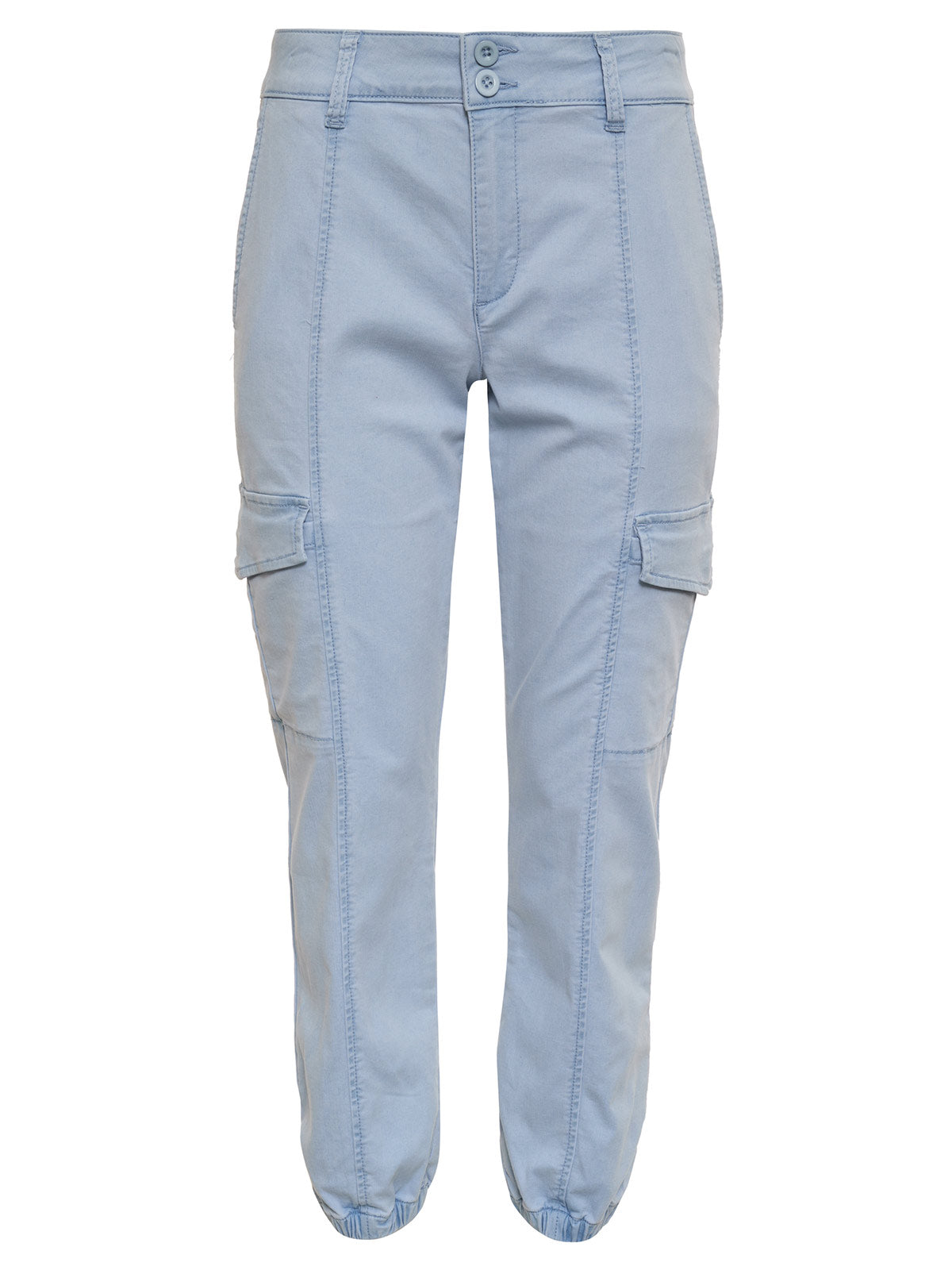 The Rebel Pant Ultra Pale from the Sanctuary Clothing Inclusive Collection are light blue cargo pants featuring two side flap pockets and elasticized cuffs at the ankles. These pants include a double-button waistband and a front zipper closure, made from soft yet durable fabric ideal for casual wear.