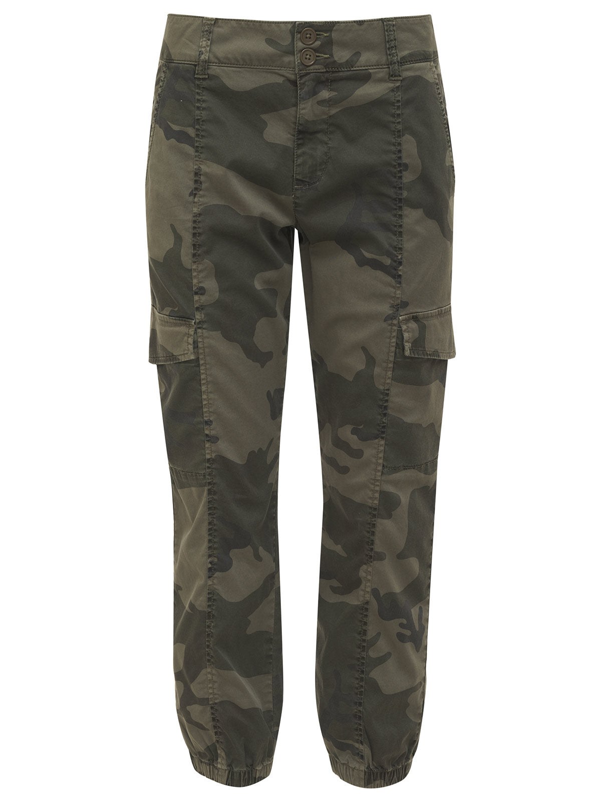 A pair of the Rebel Pant Hiker Camo Inclusive Collection by Sanctuary Clothing, featuring a green camouflage pattern, front pockets, side cargo pockets, a button closure at the waistband, and elasticized cuffs around the ankles.