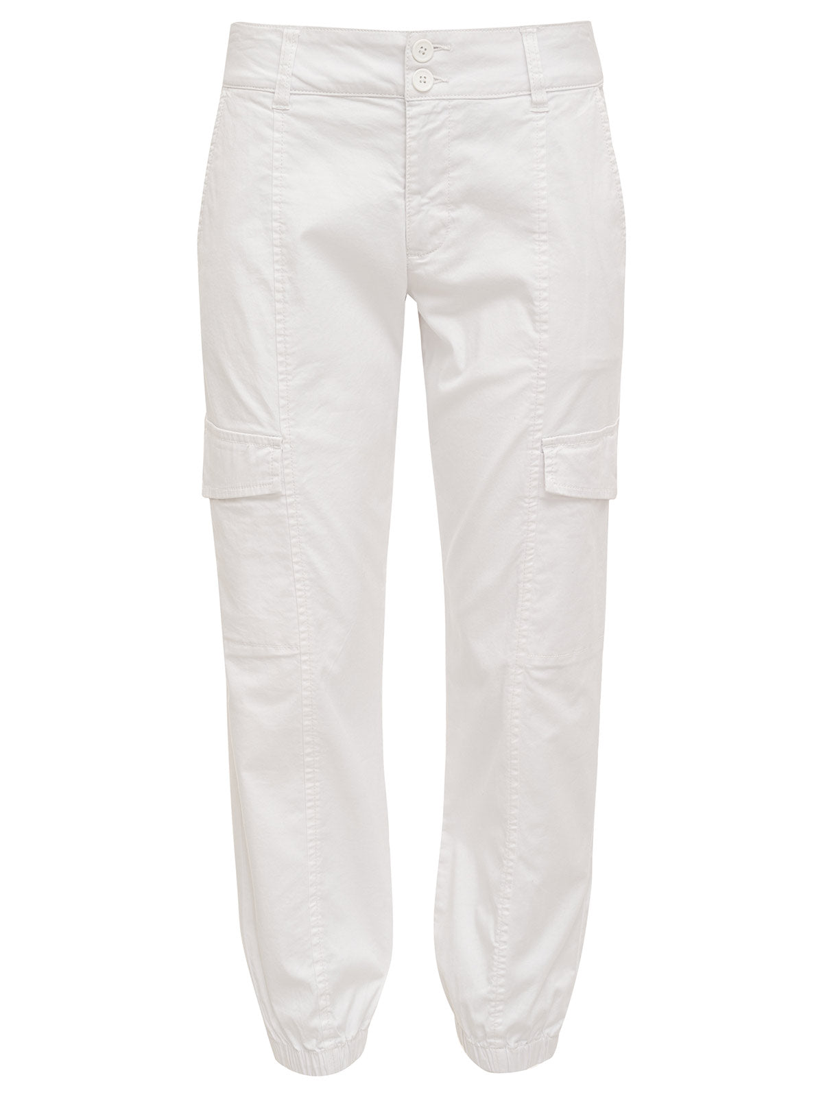 Introducing the Rebel Pant Brilliant White from the Inclusive Collection by Sanctuary Clothing. These white cargo pants boast a loose fit and elastic cuffs at the ankles. They feature two front pockets, two side pockets on each leg, and a button and zipper closure at the waist. Crafted from lightweight fabric, these pants are perfect for casual wear.