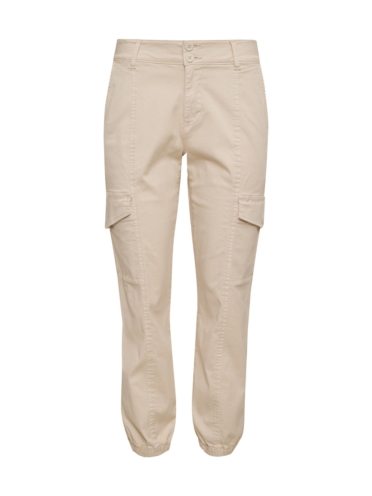 The Rebel Pant Crystal Stone by Sanctuary Clothing is a pair of beige cargo pants featuring a button and zip closure, two side pockets, two cargo pockets on the thighs, and elastic cuffs at the ankles. The fabric boasts a slightly textured appearance.