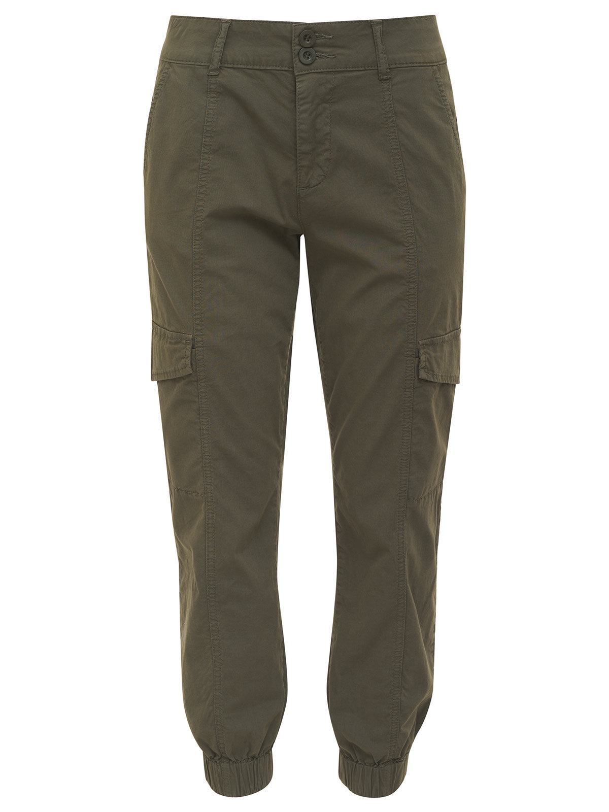 The image features the Rebel Pant Hiker Green Inclusive Collection by Sanctuary Clothing. These pants are olive green cargo style with side pockets on the thighs, front pockets, and elastic cuffs at the ankles. They include a waistband with belt loops, and a button and zipper closure.