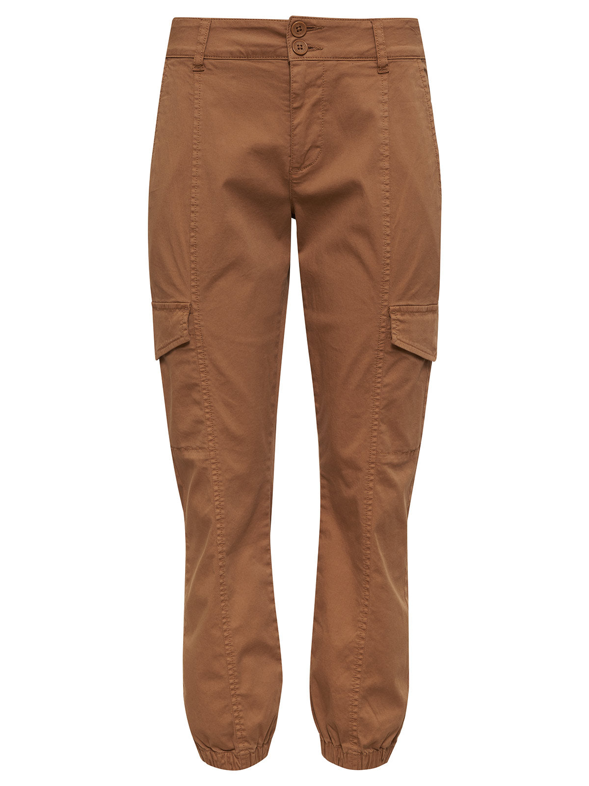 The Rebel Pant Mocha Mousse Inclusive Collection by Sanctuary Clothing is a pair of brown cargo pants that feature front button and zip closures, side cargo pockets, and elasticized cuffs at the ankles. They have a casual design, making them suitable for everyday wear.