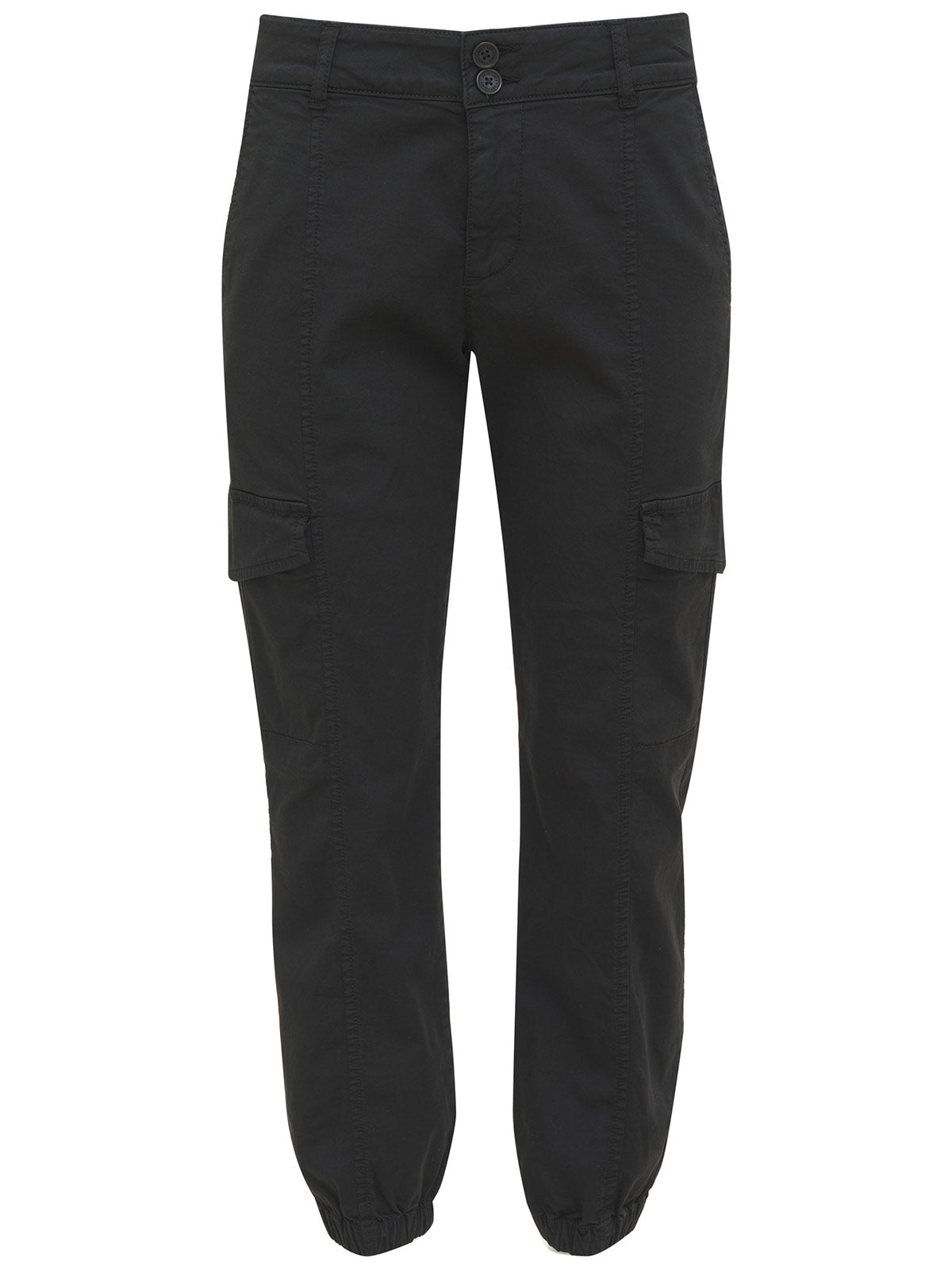 The Rebel Pant Obsidian Inclusive Collection by Sanctuary Clothing features a classic utilitarian design with black cargo pants, complete with a button and zipper closure. They come with two side pockets, two thigh pockets with flaps, and elasticated cuffs at the ankles.