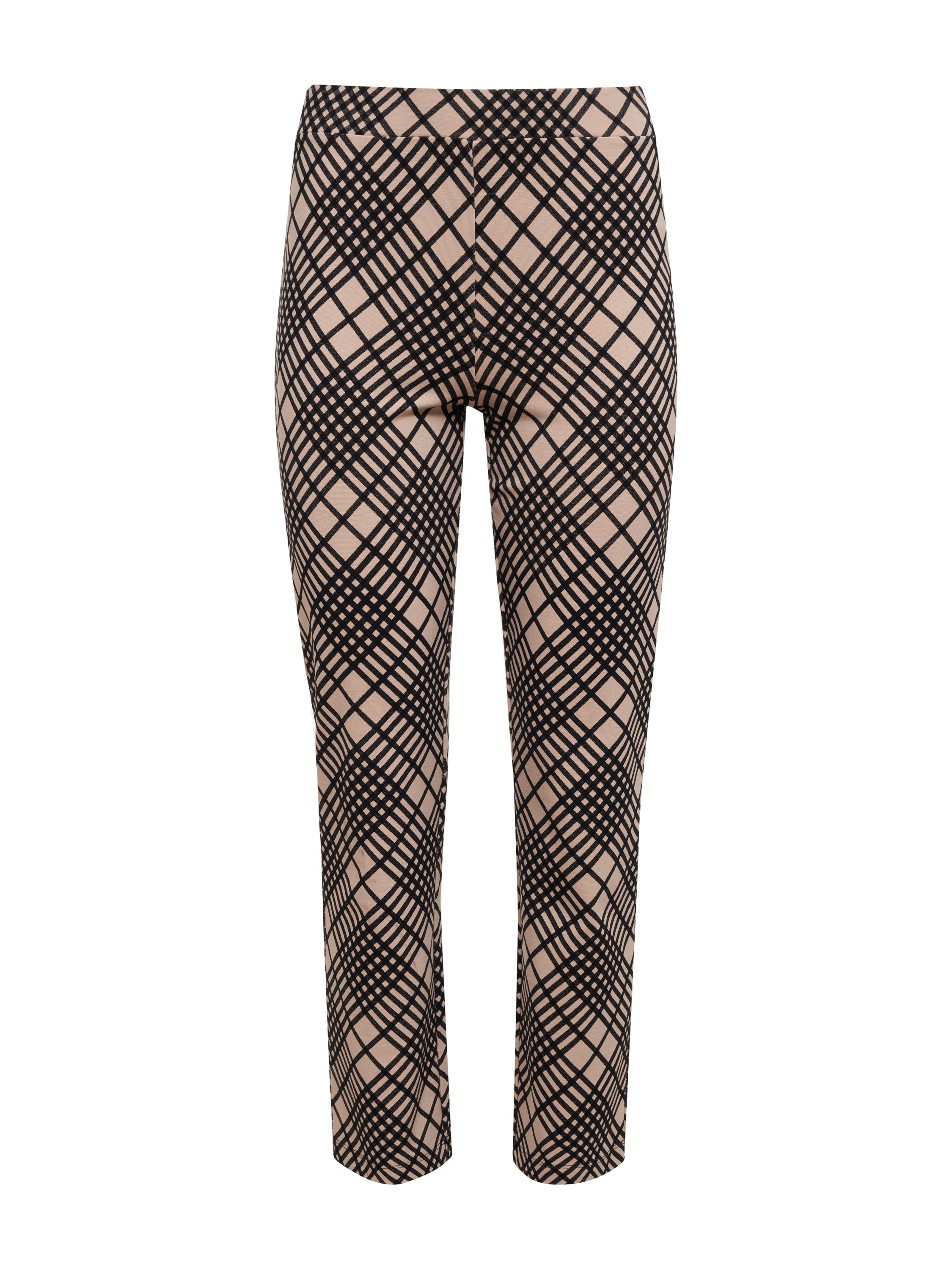 Introducing the "Carnaby Kick Crop Legging Graphic Plaid" by Sanctuary Clothing: these stylish pants feature a black geometric grid pattern on a white background and offer a fitted, ankle-length design.