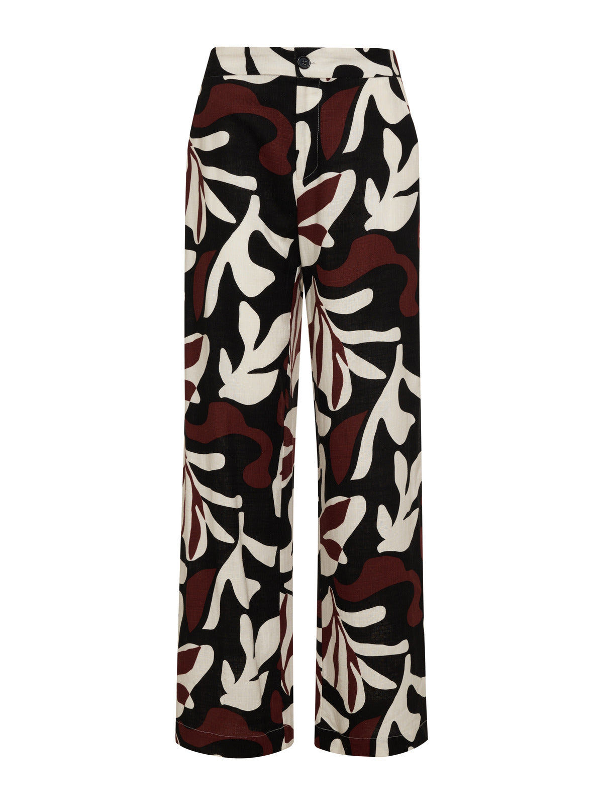 The Soft Trouser Mineral by Sanctuary Clothing is a pair of high-waisted, wide-leg trousers featuring an abstract leaf pattern in white and brown on a black background. The bold and modern design creates a visually striking look. These trousers are equipped with a front button and zipper closure.