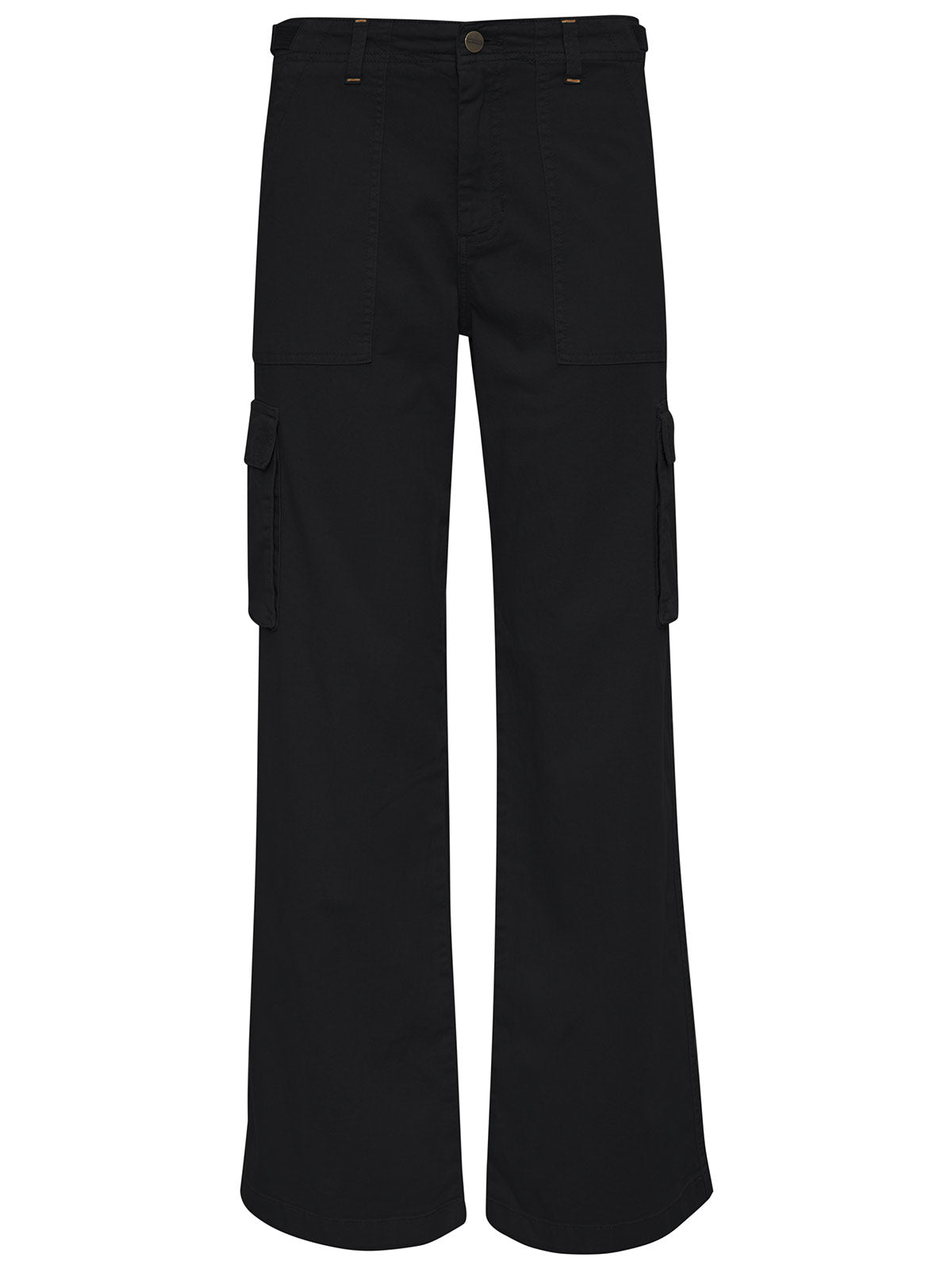 A pair of Reissue Cargo Pant Black Inclusive Collection from Sanctuary Clothing, featuring large side pockets and a button closure. These wide-leg pants have a relaxed fit and are made from sturdy fabric.