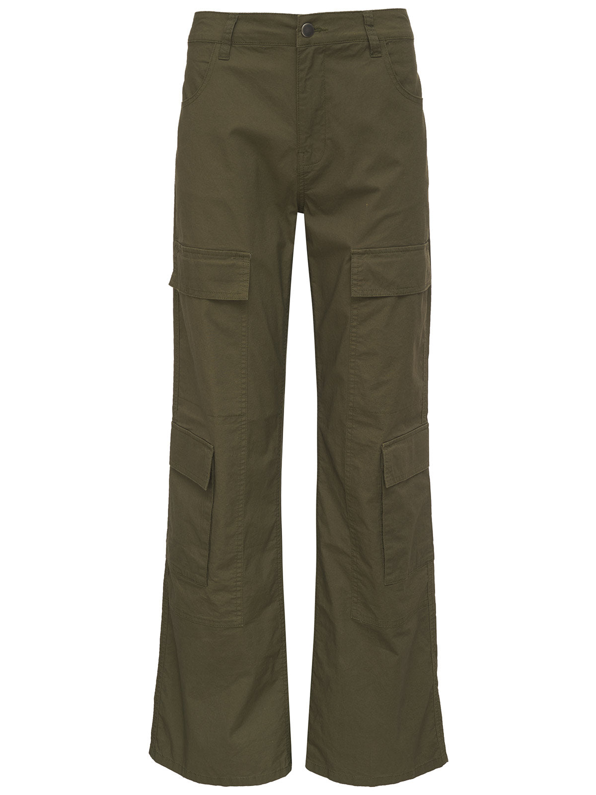 The Reissue Cargo Pant Mossy Green Inclusive Collection by Sanctuary Clothing is a pair of green cargo pants featuring multiple large side pockets on each leg, a straight-leg design, and a button and zipper closure at the waist.