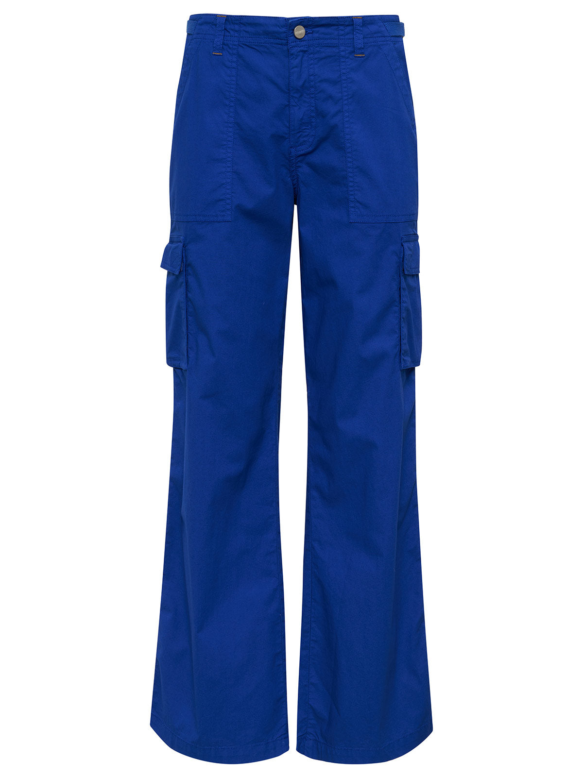 A pair of the Reissue Cargo Ocean Blue Inclusive Collection pants by Sanctuary Clothing features wide legs, two large side pockets with flaps on each thigh, and a front-button closure. These cargo pants have a clean, crisp appearance, making them suitable for both casual and utility wear.