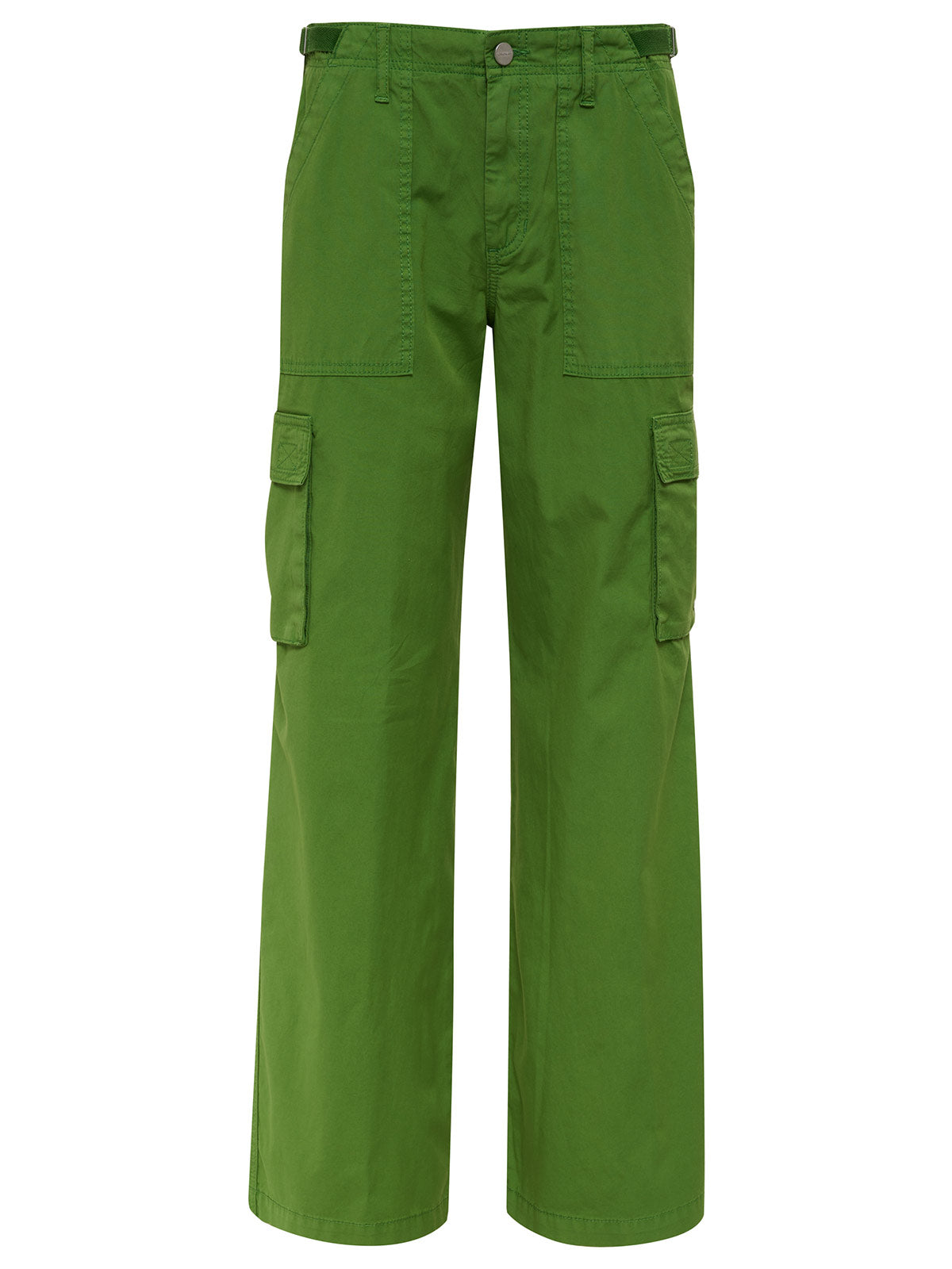 The Reissue Cargo Washed Chlorophyl Inclusive Collection by Sanctuary Clothing features bright green wide-leg cargo pants with large flap side pockets on both legs, a button closure, belt loops, and two front pockets.