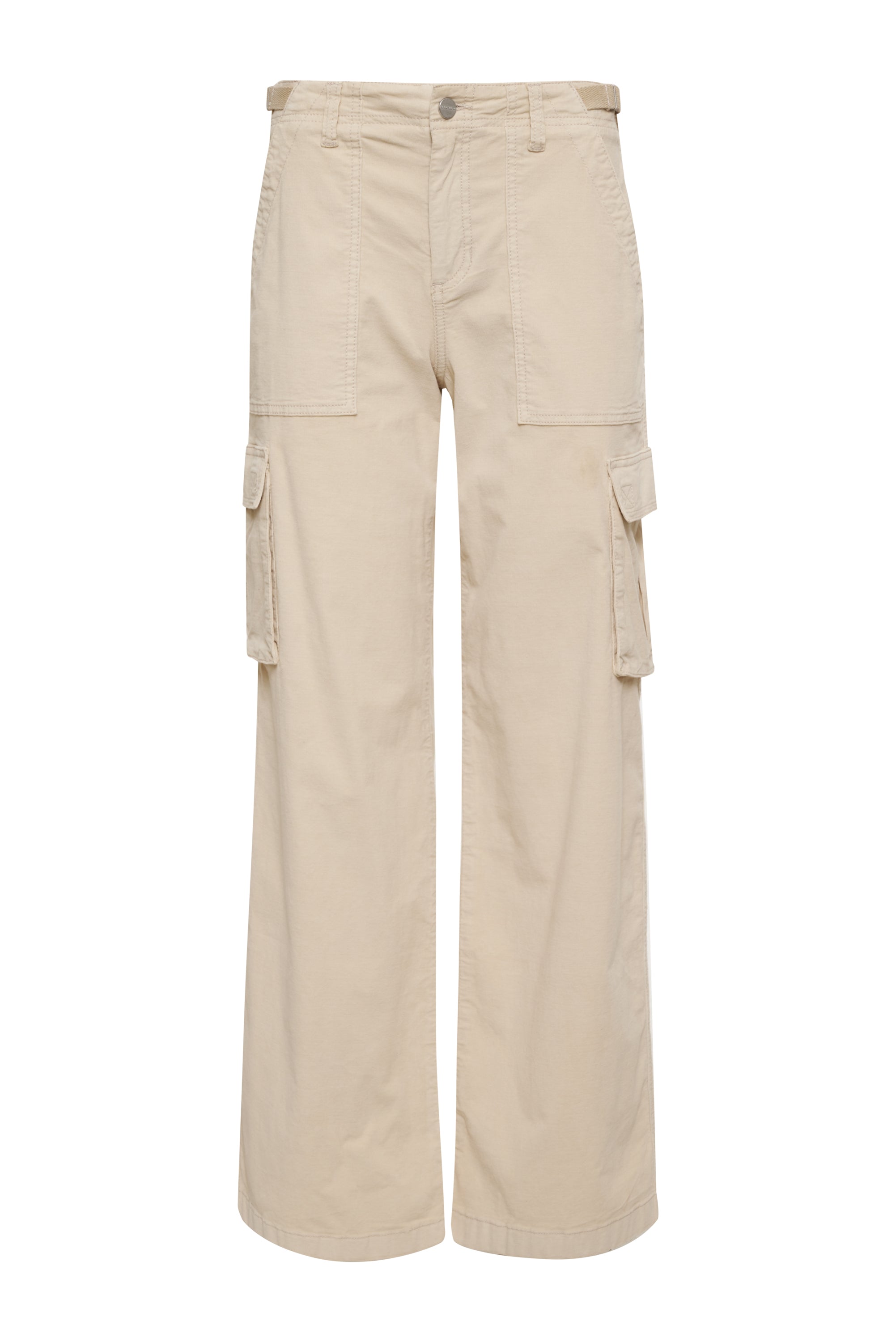 The "Reissue Cargo Toasted Almond" by Sanctuary Clothing is a pair of beige cargo pants featuring a high waist, button and zipper closure, multiple pockets including side cargo pockets with flaps, wide legs, and a lightweight fabric.