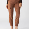 A person is wearing Sanctuary Clothing's Polished Cargo Raw Hide pants, which are brown with large side pockets, paired with a black and brown striped long-sleeve top. They are also wearing black ballet flats. The background is plain and white, drawing attention to the outfit.