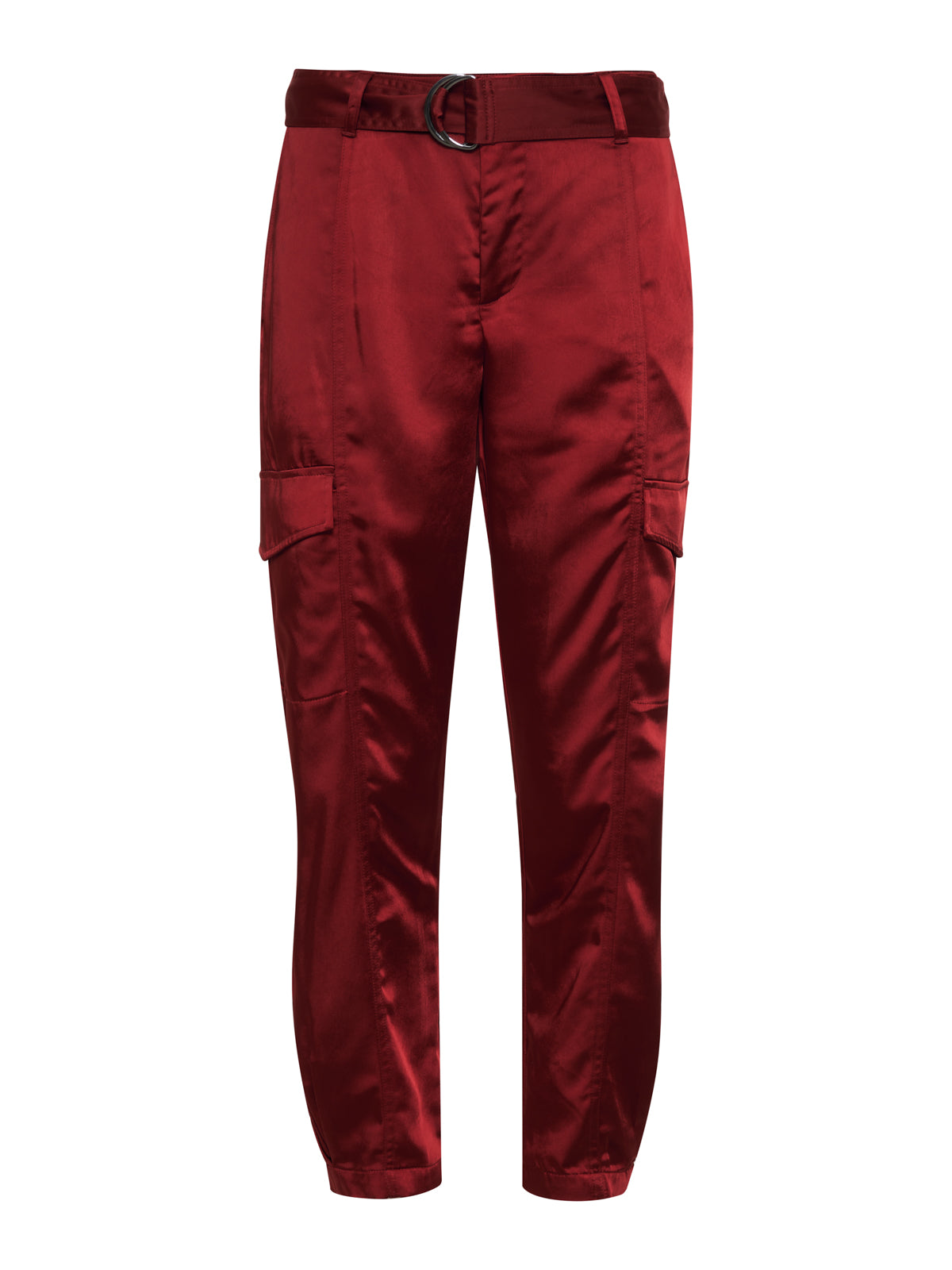 A pair of shiny, red satin cargo pants from Sanctuary Clothing, named the Classy Cargo Trouser Garnet, featuring a high waist and straight legs. The pants come with a matching belt that has a circular buckle and include two side cargo pockets.