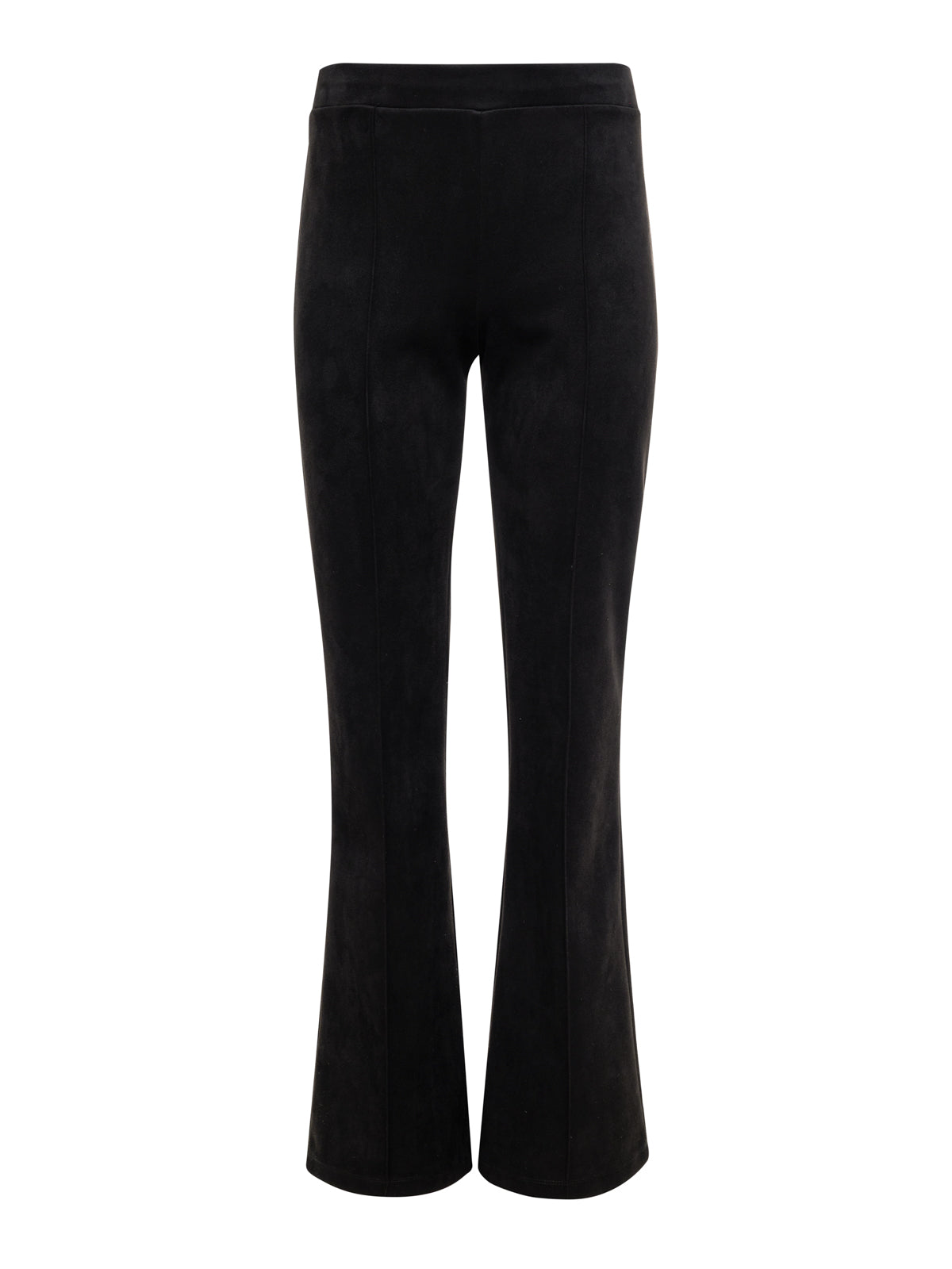 The Lana Flare Black trousers by Sanctuary Clothing are high-waisted and black, featuring a subtle flare at the bottom. The front is designed with visible vertical seam lines that add a tailored look to the pants. The fabric is smooth with a slight stretch for added comfort.