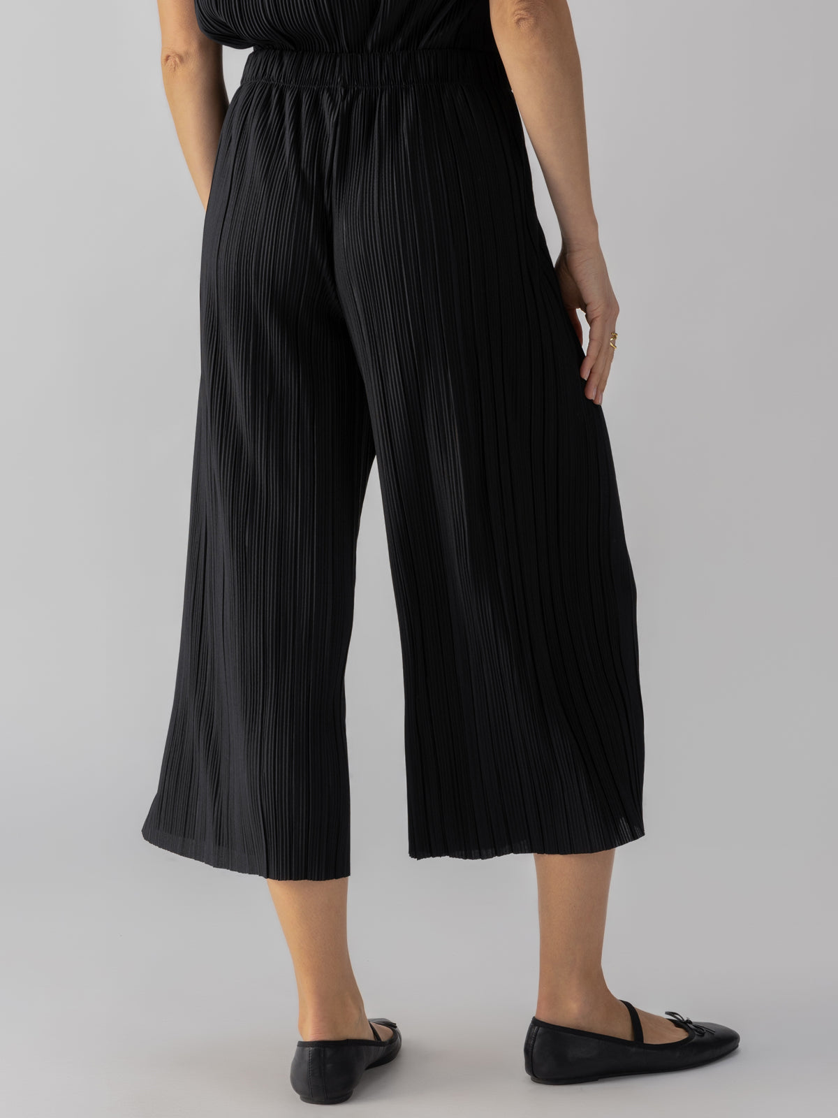 A person wearing the *Plisse Culotte Black* pants from *Sanctuary Clothing* stands against a plain background. The black, wide-leg, pleated culottes feature an elastic waistband and end above the ankles. They are also wearing black flat shoes. The person's hands are not visible in this rear view.