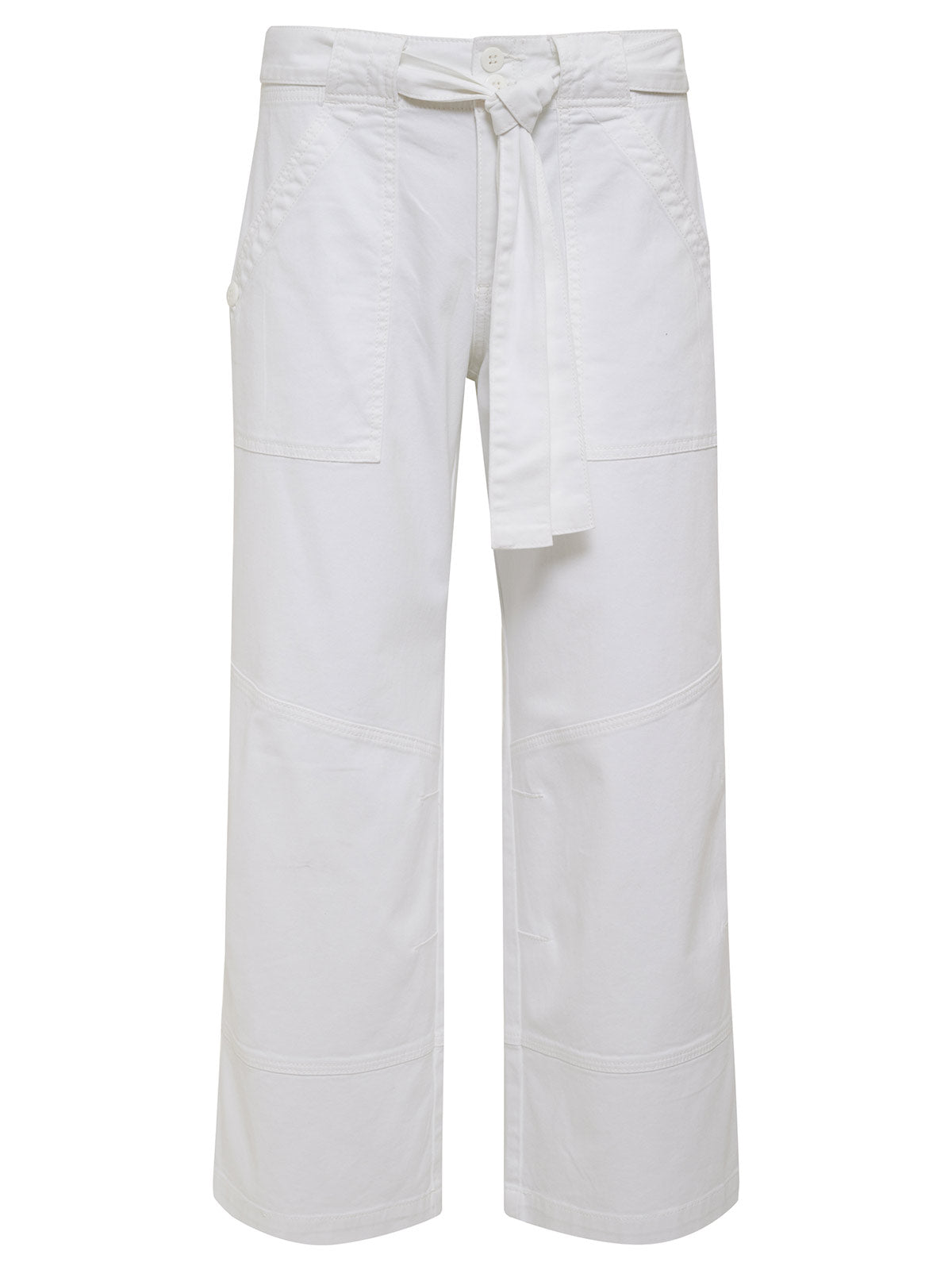 The Reissue 90S Sash White by Sanctuary Clothing is a pair of high-waisted, wide-leg white pants featuring a fabric tie belt at the waist, front pockets, and horizontal stitching details on the legs.