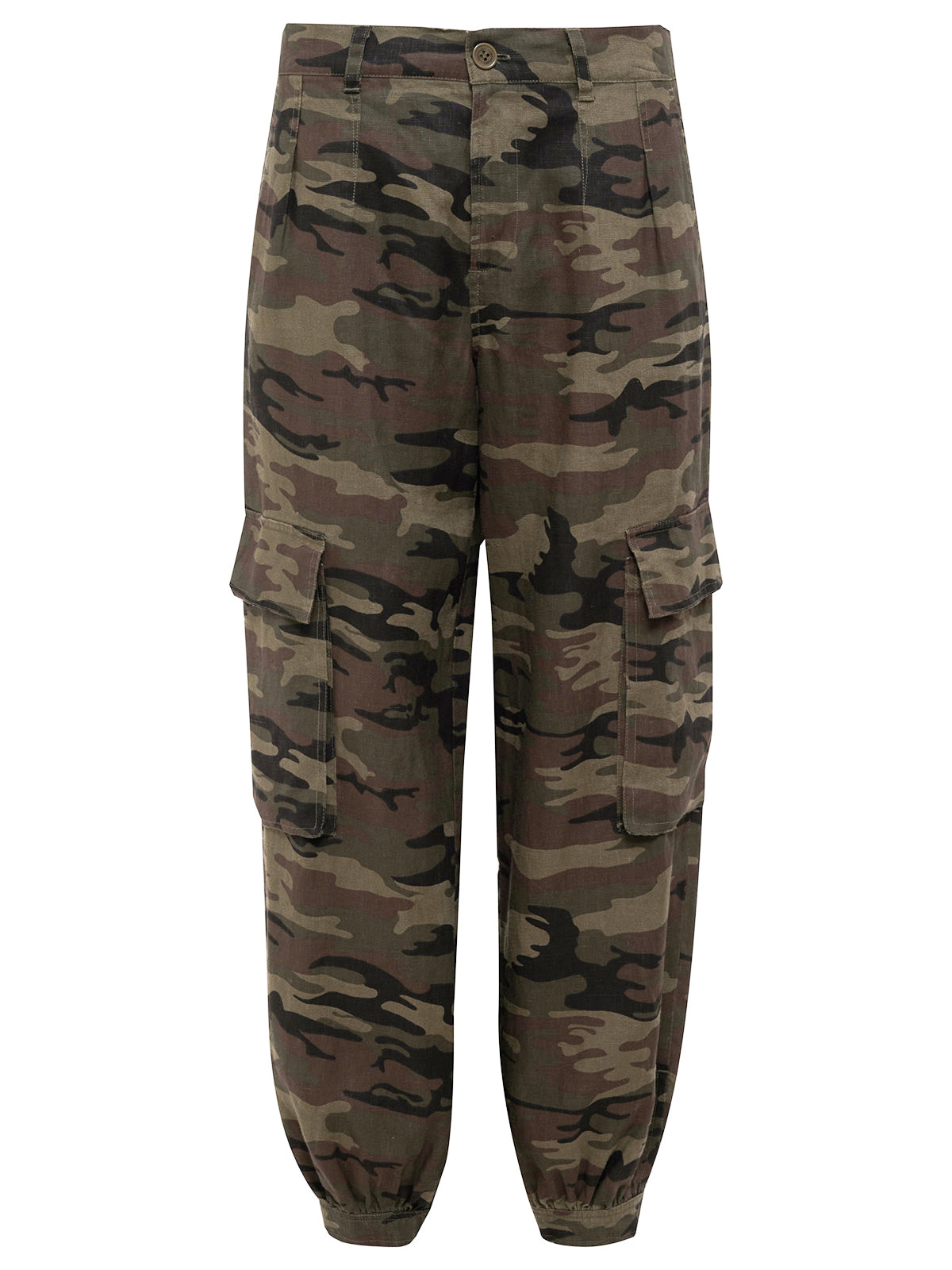 Pleated Linen Cargo Little Hero Camo pants by Sanctuary Clothing, showcasing a distinctive brown and green woodland pattern, boast multiple pockets and feature elasticized cuffs at the hem. They also come with a button and zipper closure for added convenience.